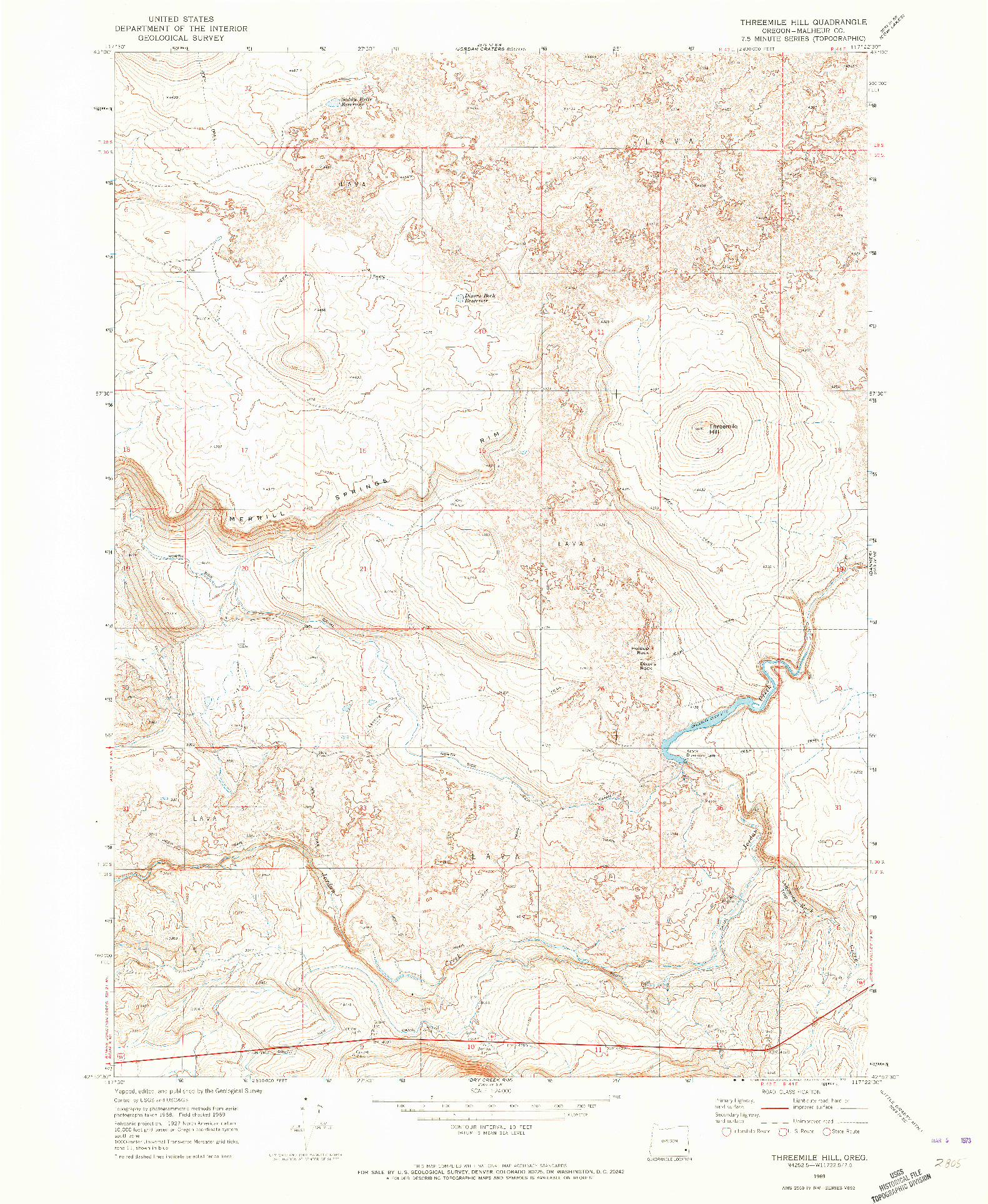 USGS 1:24000-SCALE QUADRANGLE FOR THREEMILE HILL, OR 1969