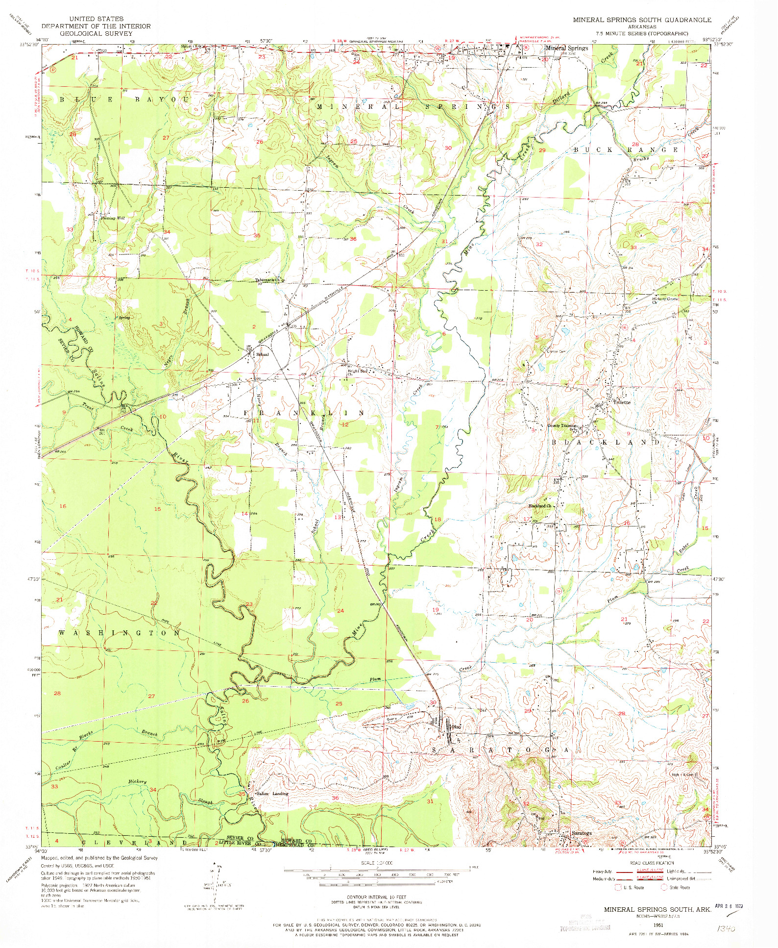 USGS 1:24000-SCALE QUADRANGLE FOR MINERAL SPRINGS SOUTH, AR 1951