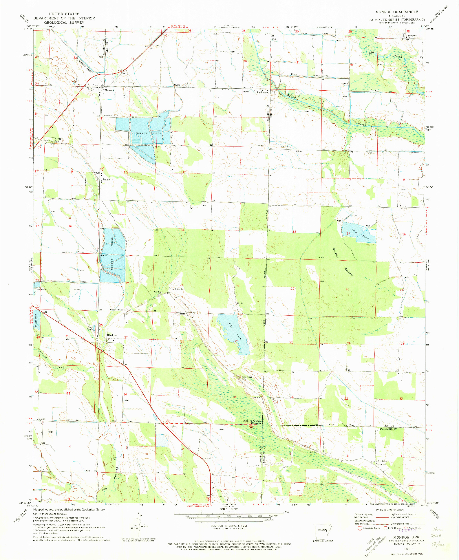 USGS 1:24000-SCALE QUADRANGLE FOR MONROE, AR 1971