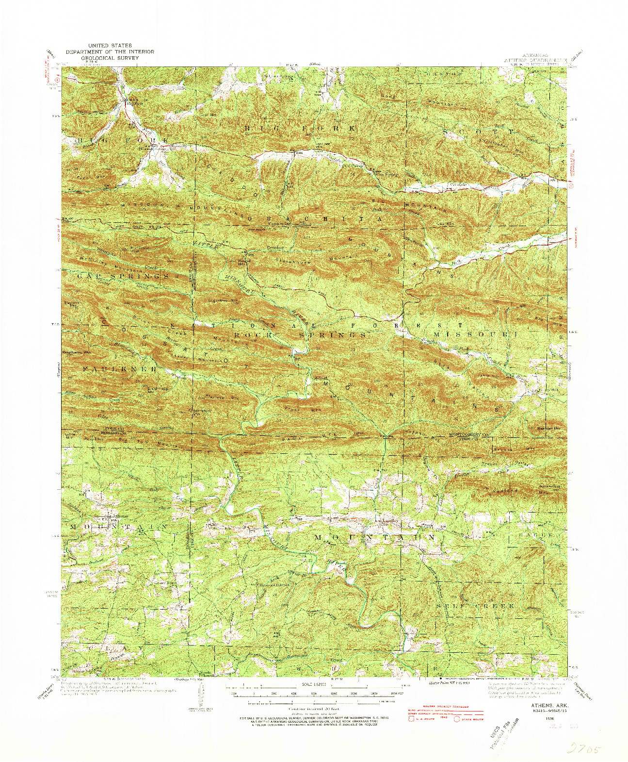 USGS 1:62500-SCALE QUADRANGLE FOR ATHENS, AR 1936