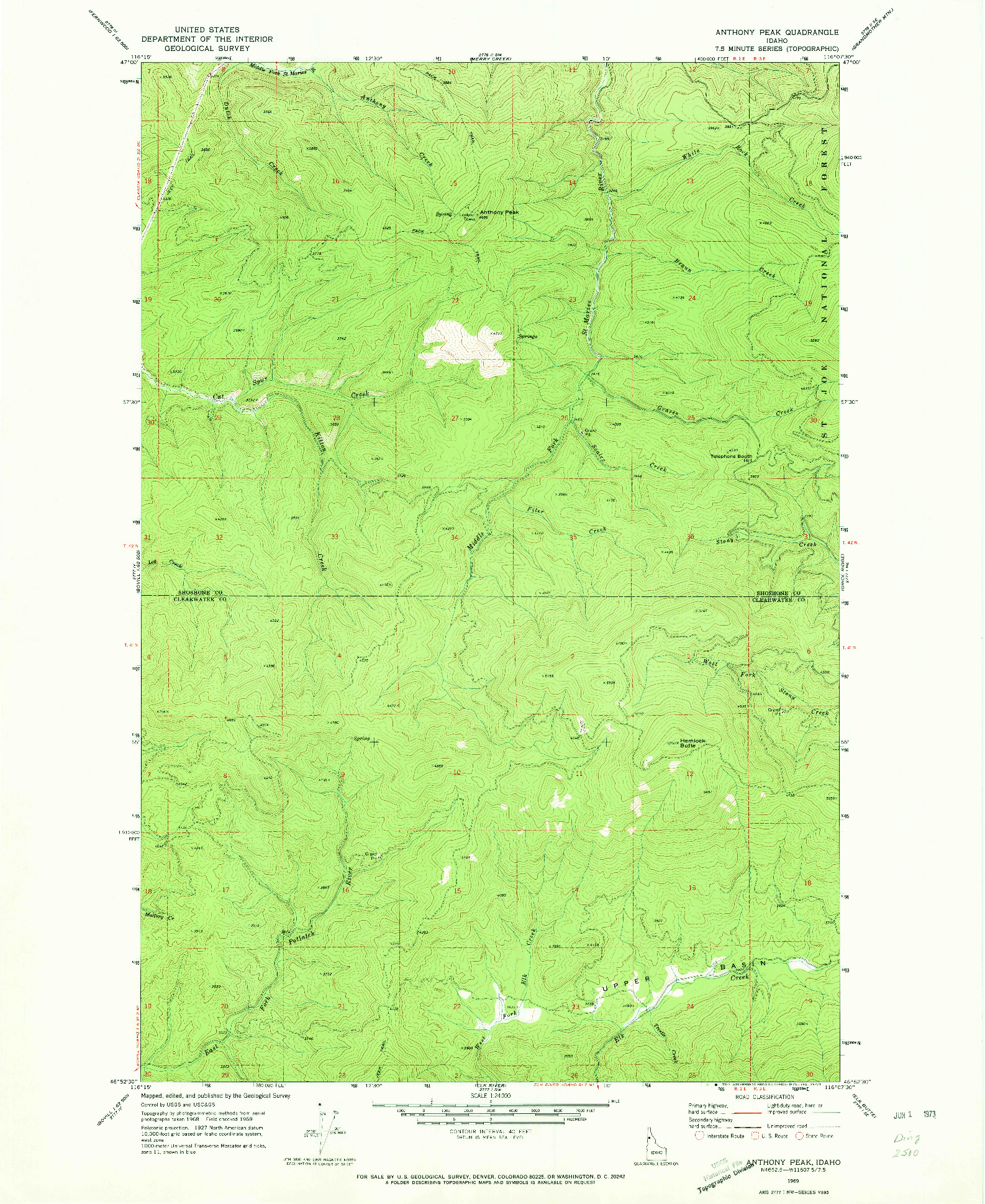 USGS 1:24000-SCALE QUADRANGLE FOR ANTHONY PEAK, ID 1969