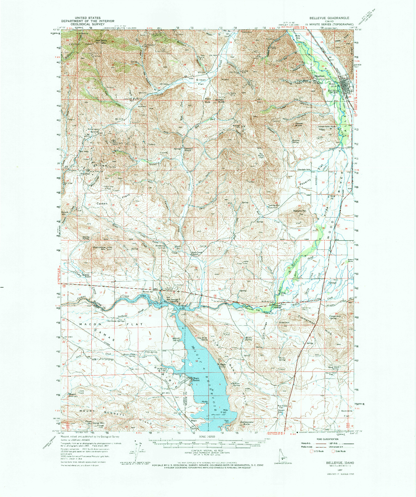 USGS 1:24000-SCALE QUADRANGLE FOR BELLEVUE, ID 1957