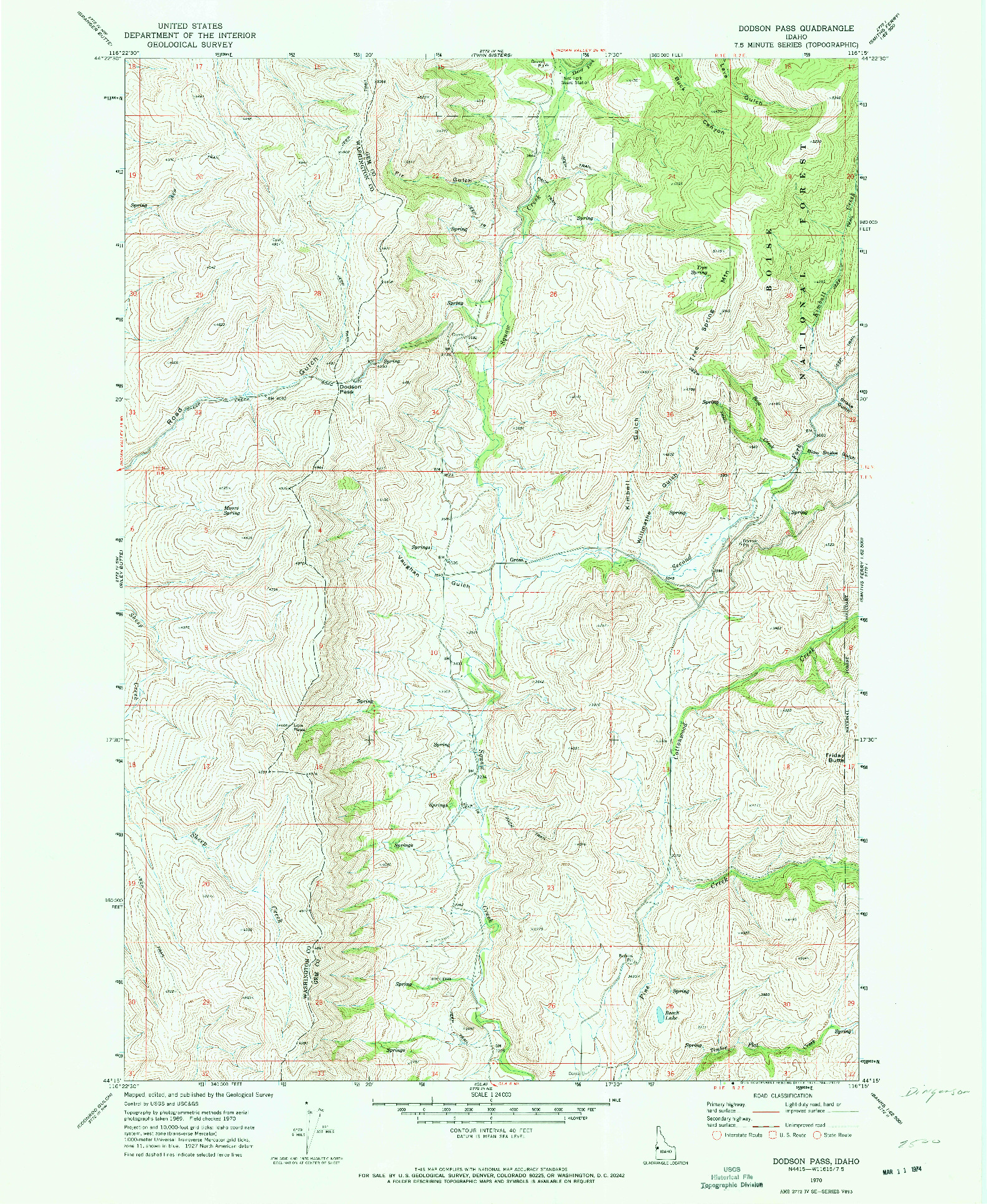 USGS 1:24000-SCALE QUADRANGLE FOR DODSON PASS, ID 1970
