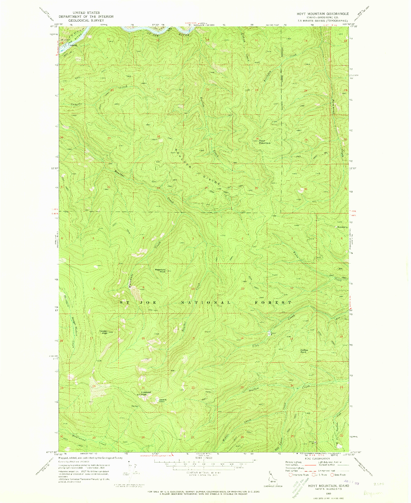 USGS 1:24000-SCALE QUADRANGLE FOR HOYT MOUNTAIN, ID 1969