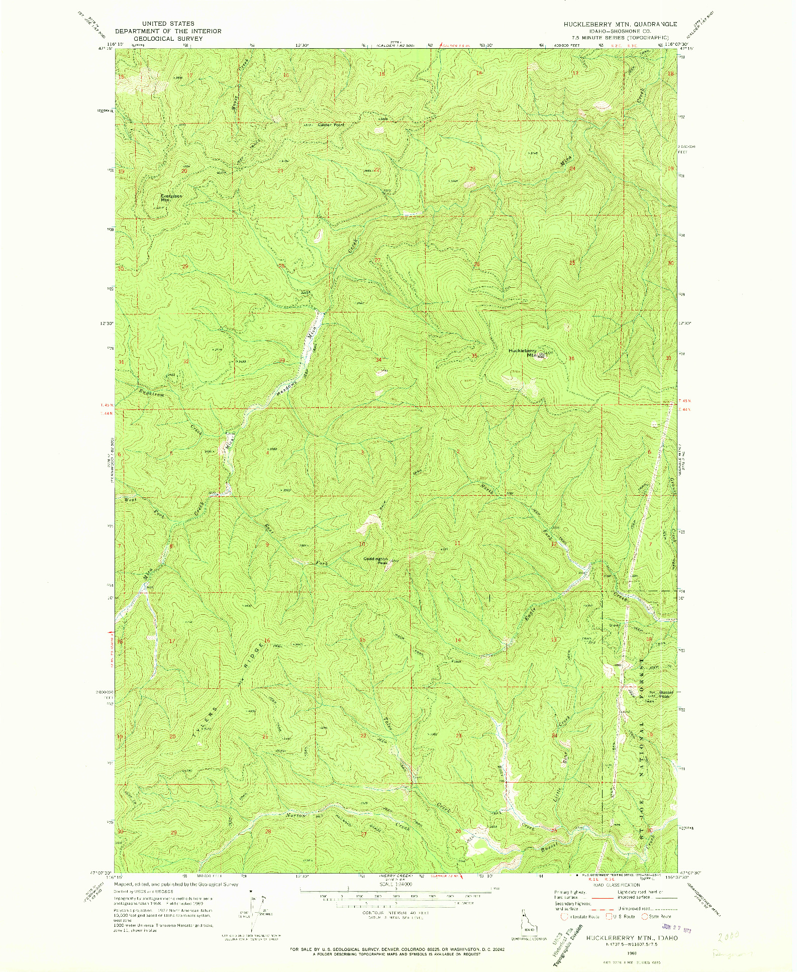 USGS 1:24000-SCALE QUADRANGLE FOR HUCKLEBERRY MTN, ID 1969