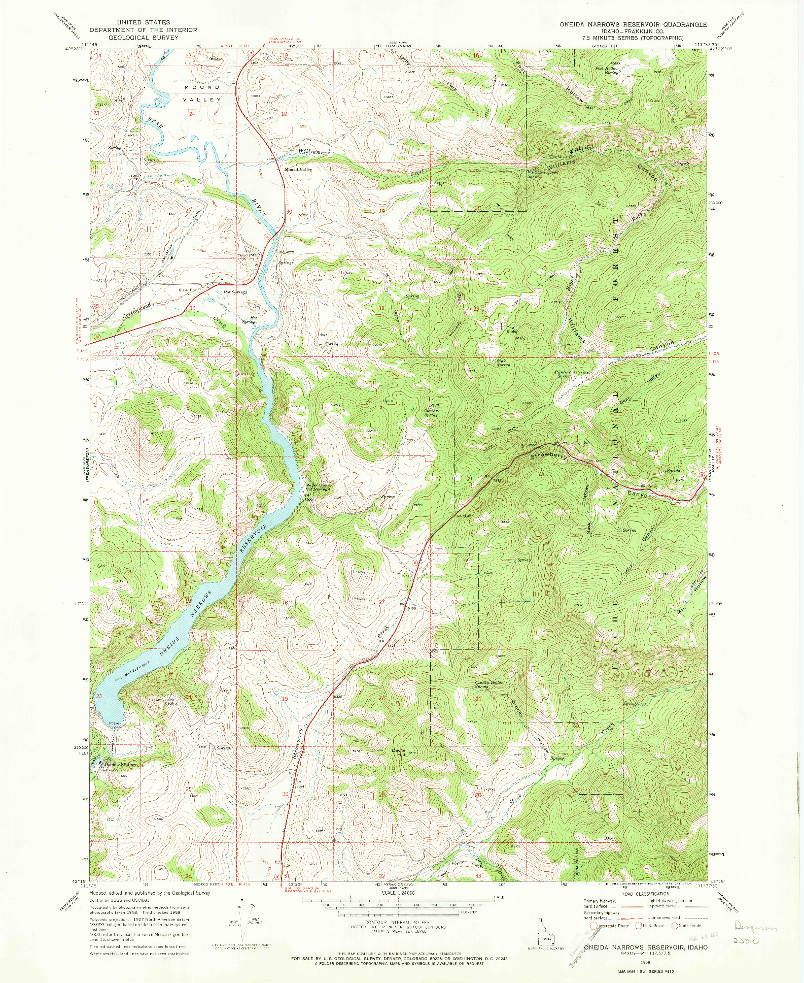 USGS 1:24000-SCALE QUADRANGLE FOR ONEIDA NARROWS RESERVOIR, ID 1969
