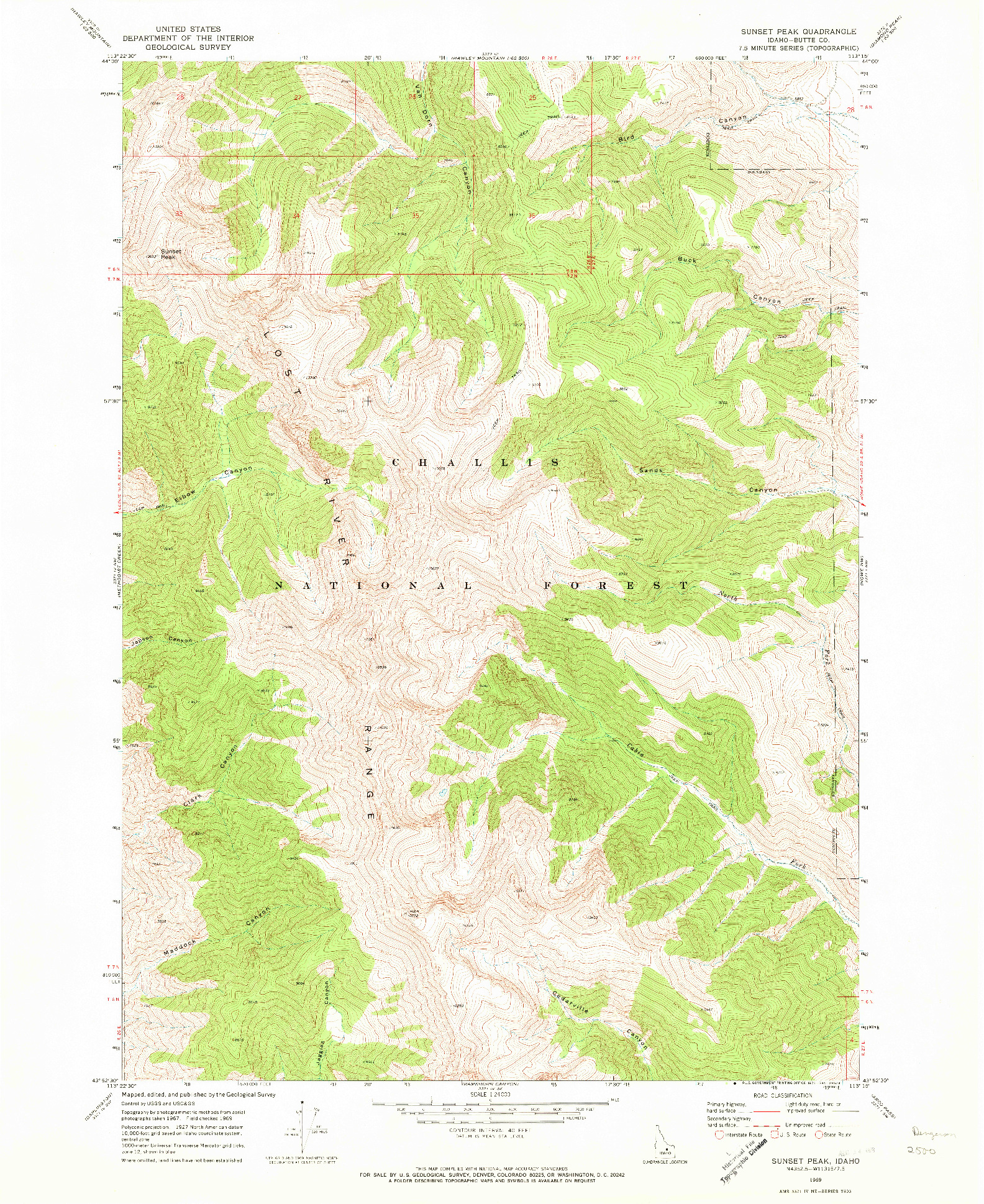 USGS 1:24000-SCALE QUADRANGLE FOR SUNSET PEAK, ID 1969