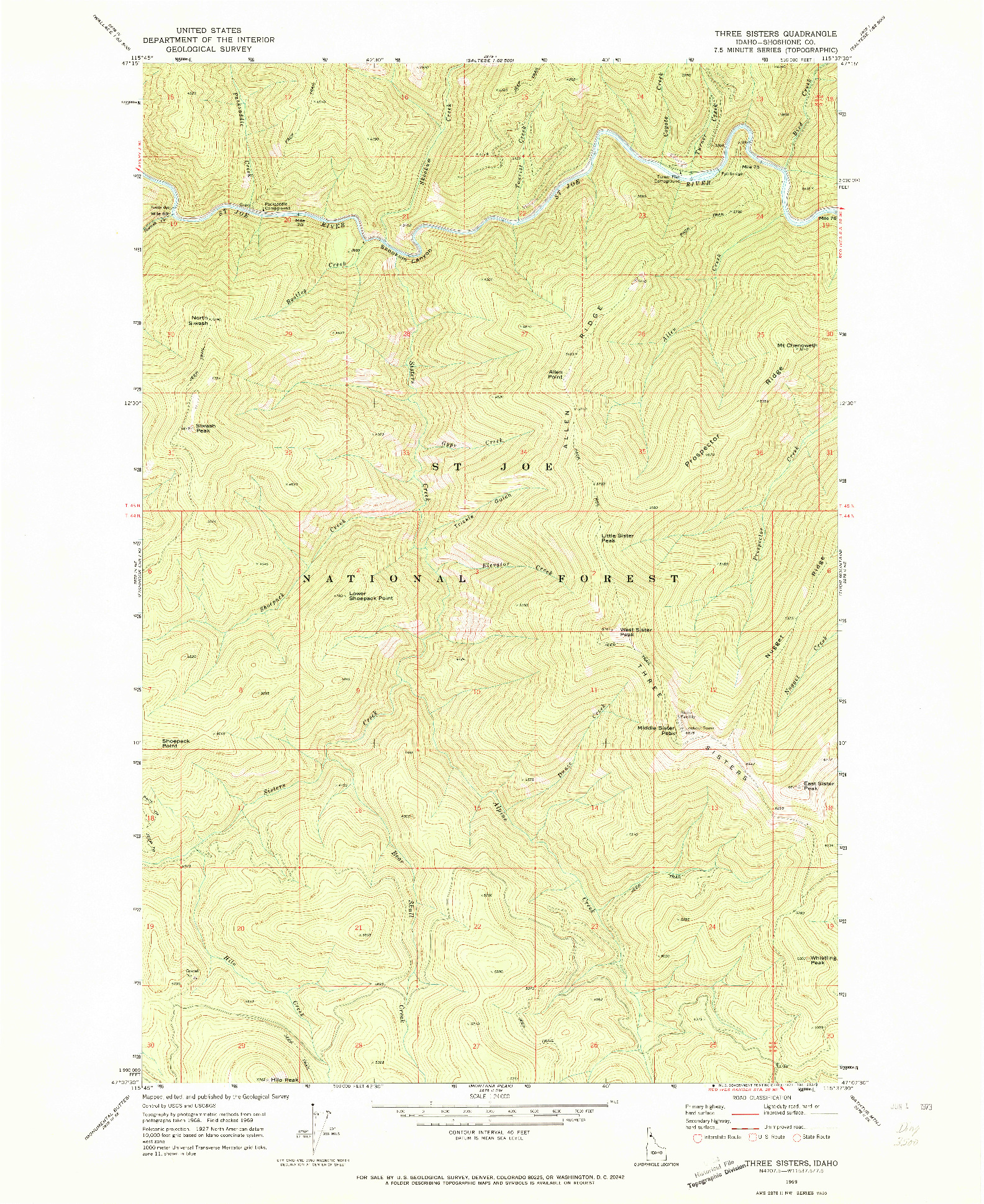 USGS 1:24000-SCALE QUADRANGLE FOR THREE SISTERS, ID 1969
