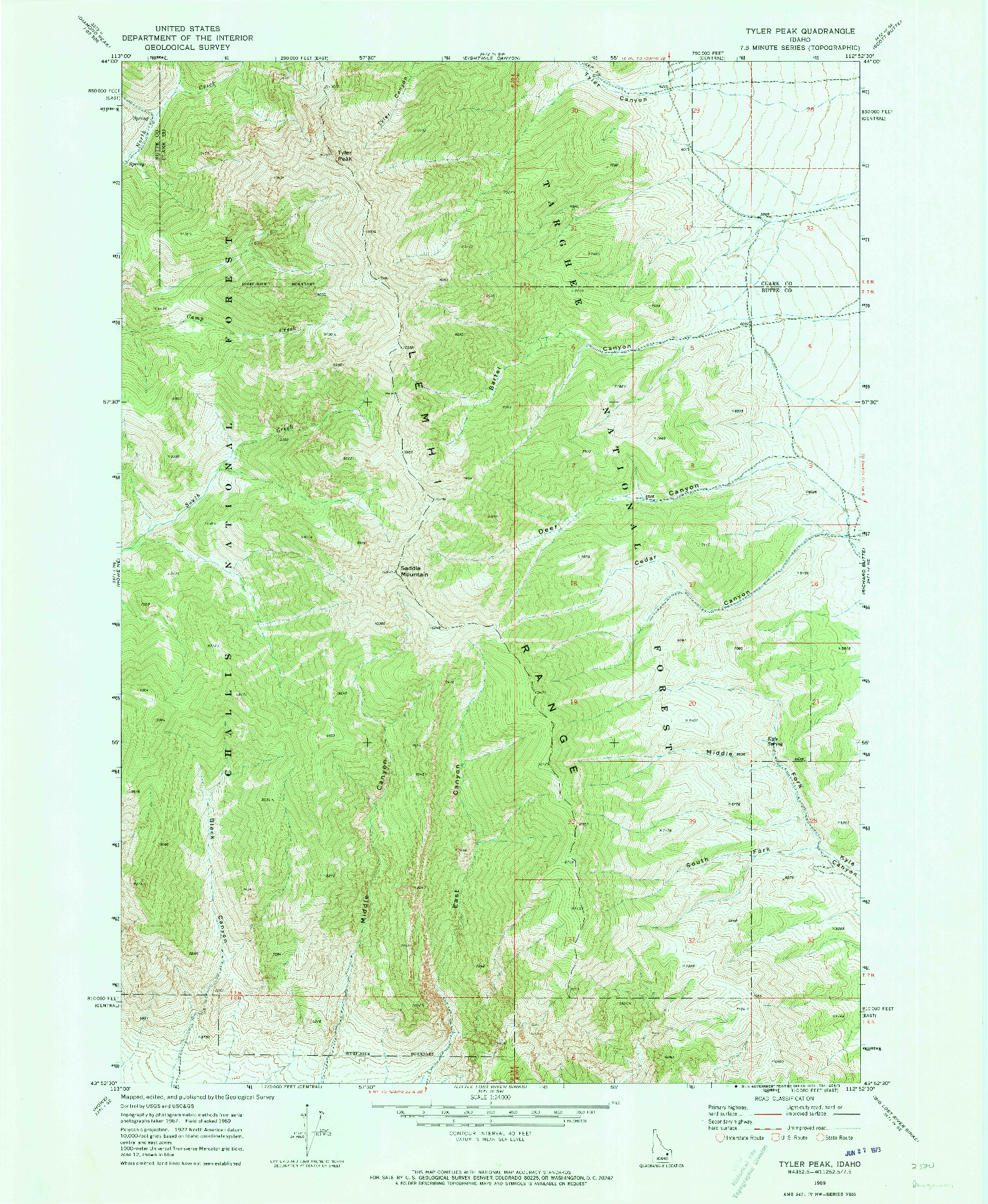 USGS 1:24000-SCALE QUADRANGLE FOR TYLER PEAK, ID 1969