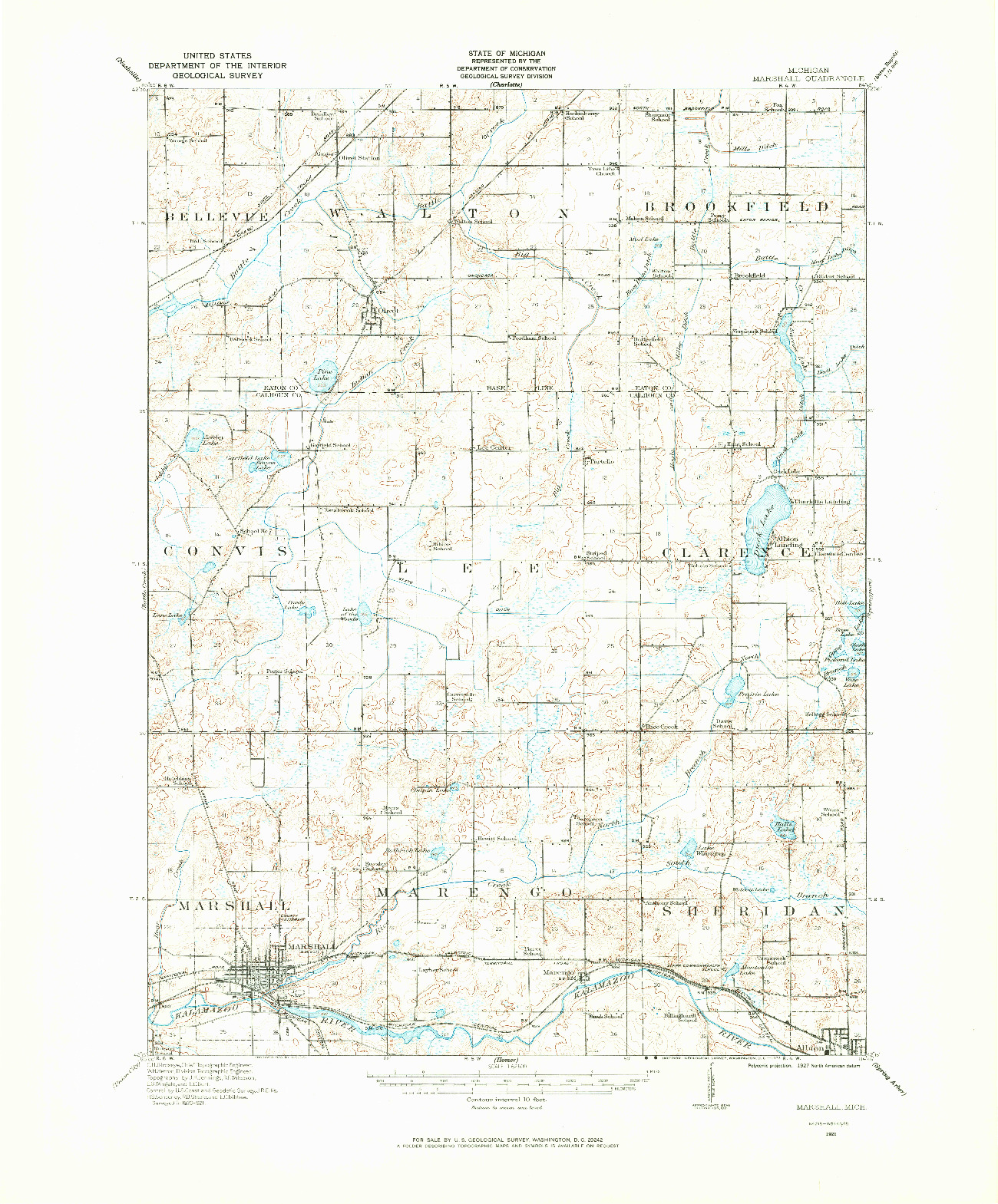 USGS 1:62500-SCALE QUADRANGLE FOR MARSHALL, MI 1921
