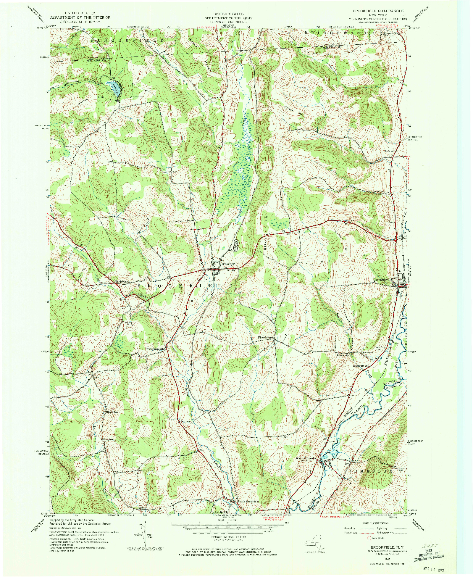 USGS 1:24000-SCALE QUADRANGLE FOR BROOKFIELD, NY 1943