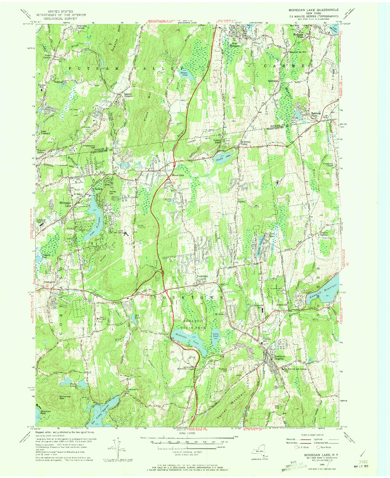 USGS 1:24000-SCALE QUADRANGLE FOR MOHEGAN LAKE, NY 1956