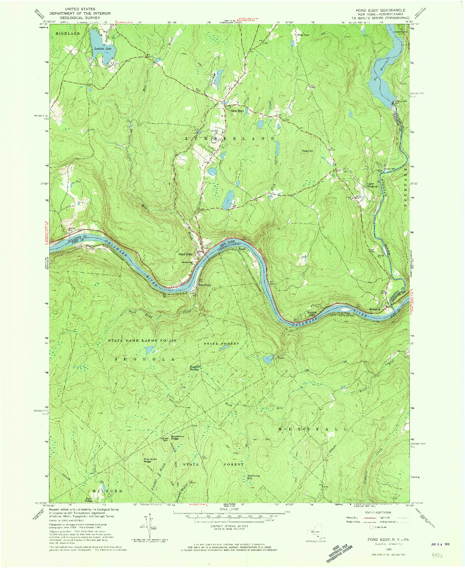 USGS 1:24000-SCALE QUADRANGLE FOR POND EDDY, NY 1965