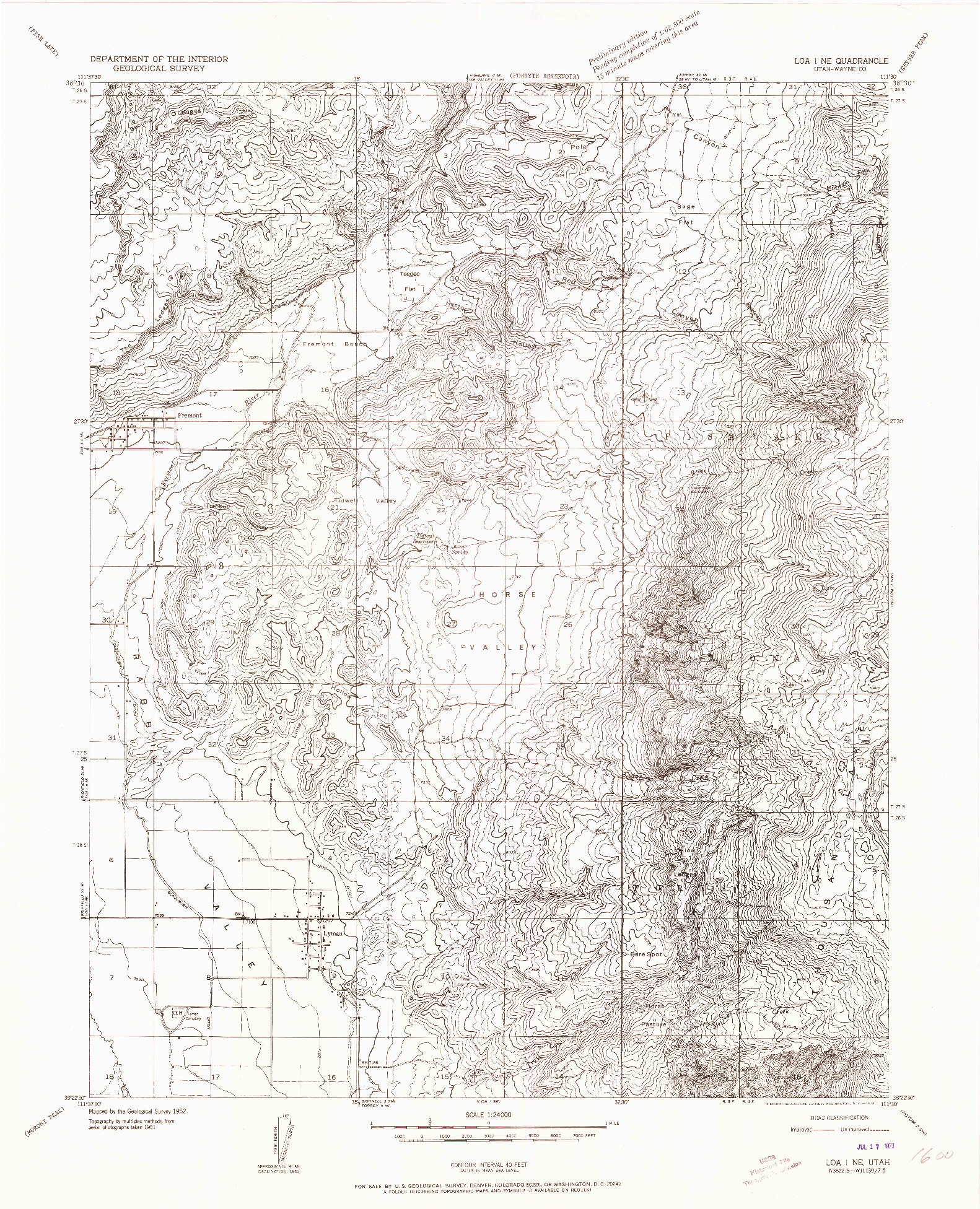 USGS 1:24000-SCALE QUADRANGLE FOR LOA 1 NE, UT 1952