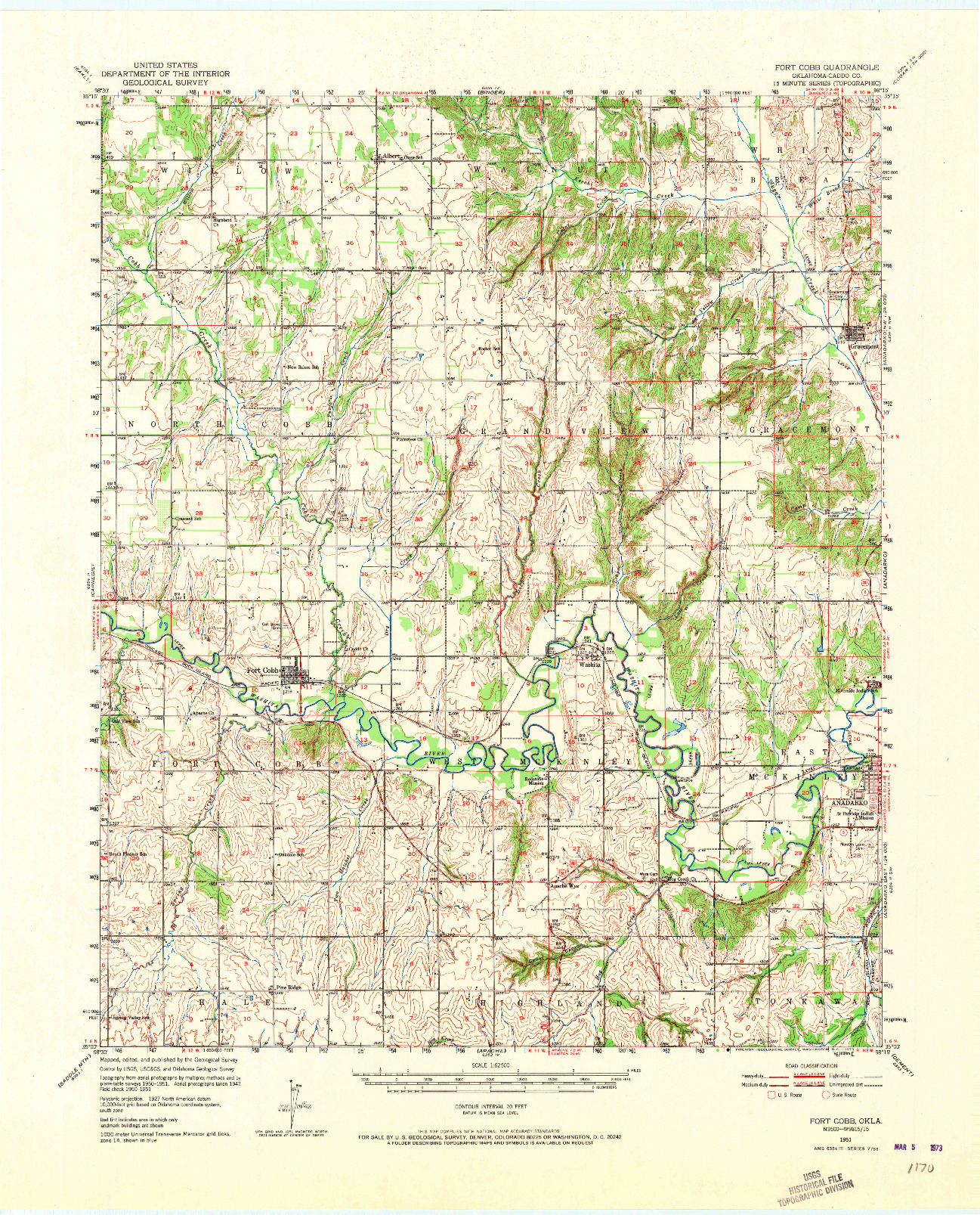 USGS 1:62500-SCALE QUADRANGLE FOR FORT COBB, OK 1951