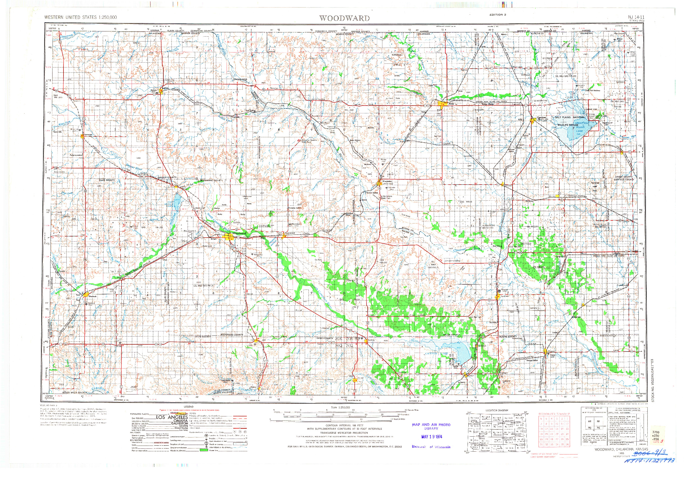 USGS 1:250000-SCALE QUADRANGLE FOR WOODWARD, OK 1955