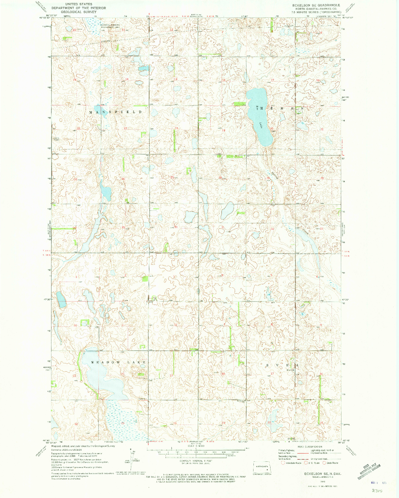 USGS 1:24000-SCALE QUADRANGLE FOR ECKELSON SE, ND 1970