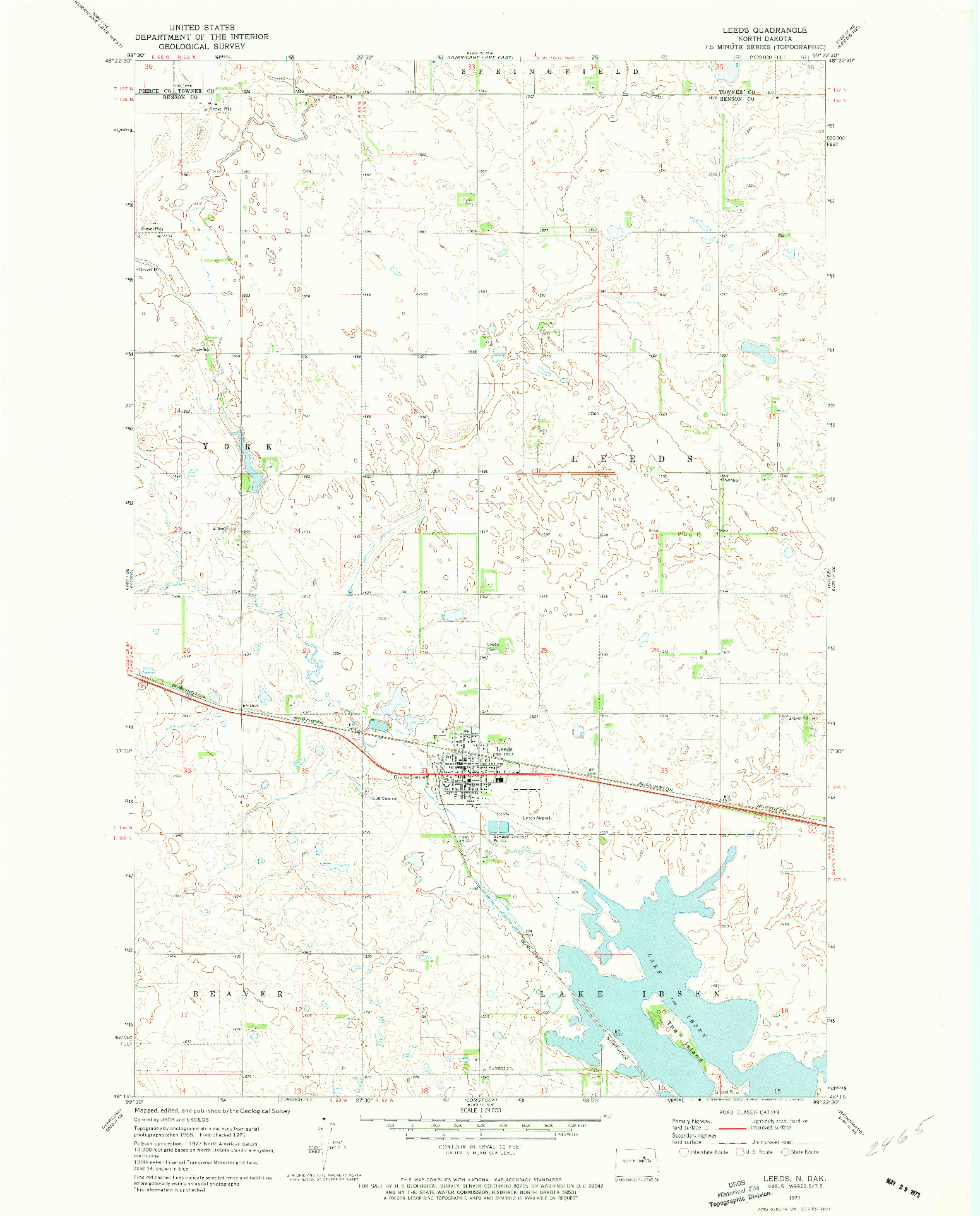 USGS 1:24000-SCALE QUADRANGLE FOR LEEDS, ND 1971