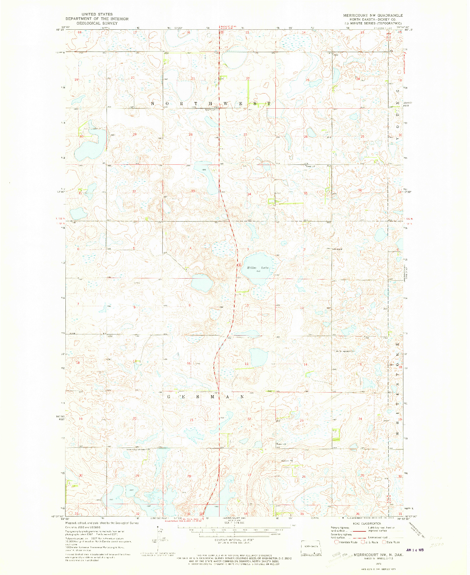 USGS 1:24000-SCALE QUADRANGLE FOR MERRICOURT NW, ND 1971