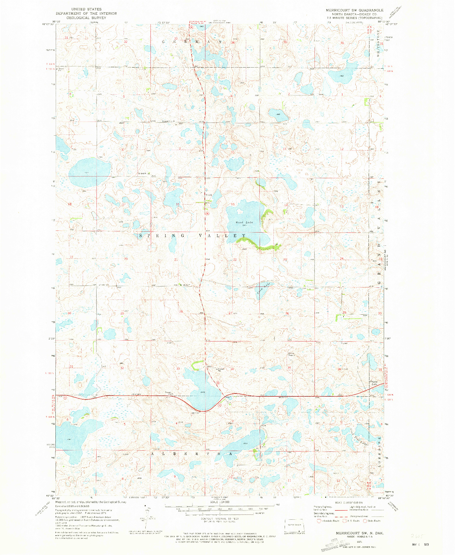 USGS 1:24000-SCALE QUADRANGLE FOR MERRICOURT SW, ND 1971