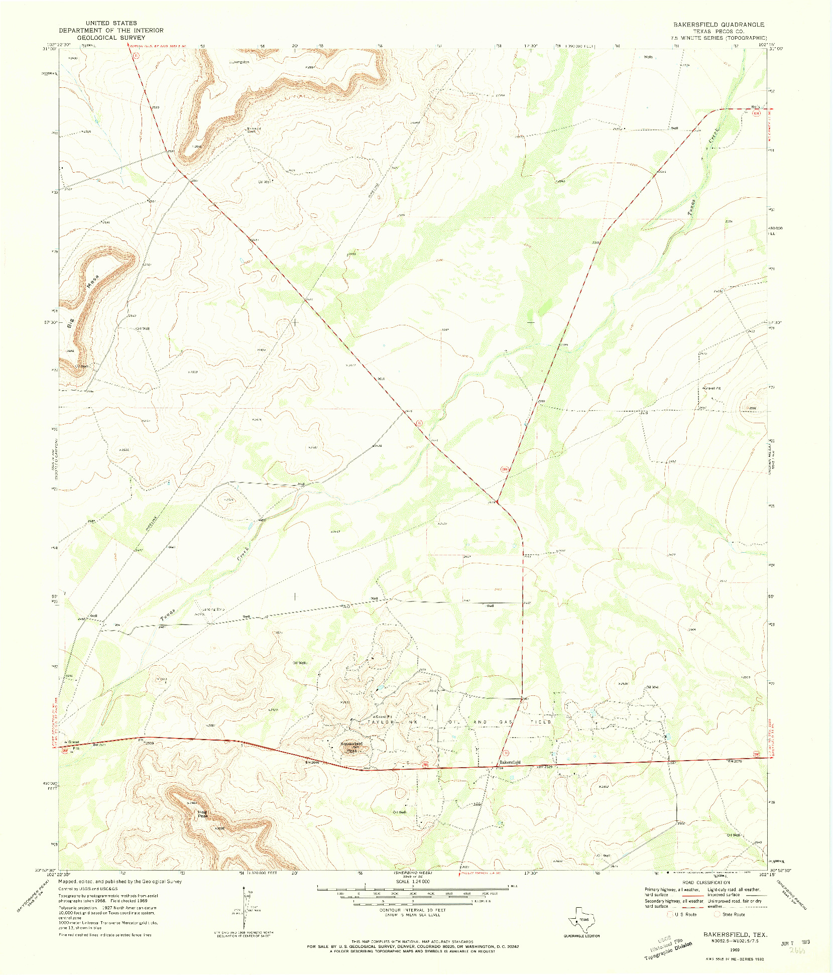 USGS 1:24000-SCALE QUADRANGLE FOR BAKERSFIELD, TX 1969