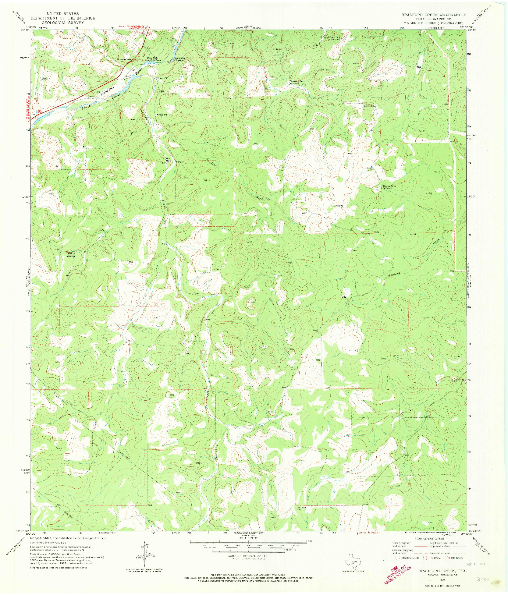 USGS 1:24000-SCALE QUADRANGLE FOR BRADFORD CREEK, TX 1971