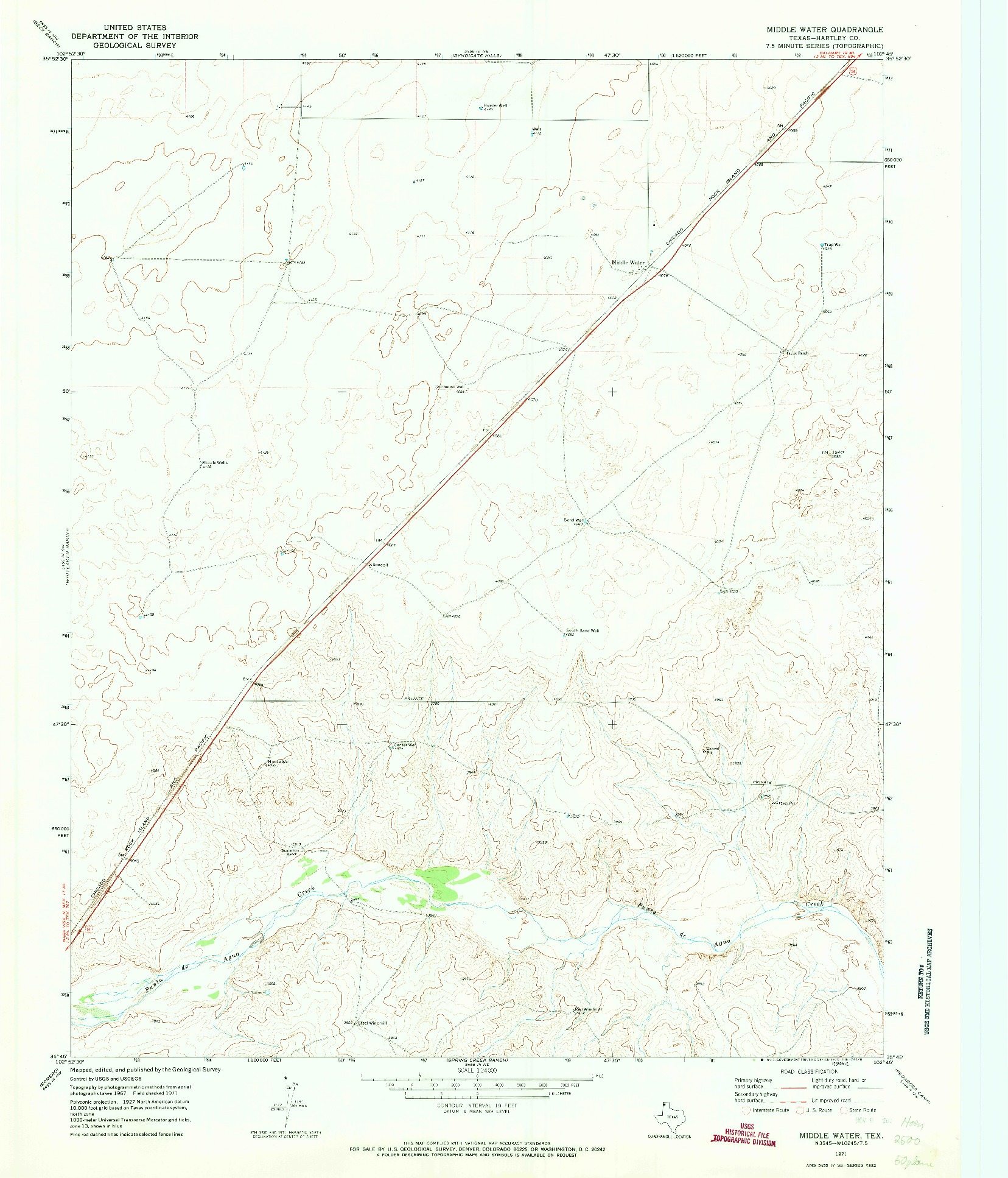 USGS 1:24000-SCALE QUADRANGLE FOR MIDDLE WATER, TX 1971