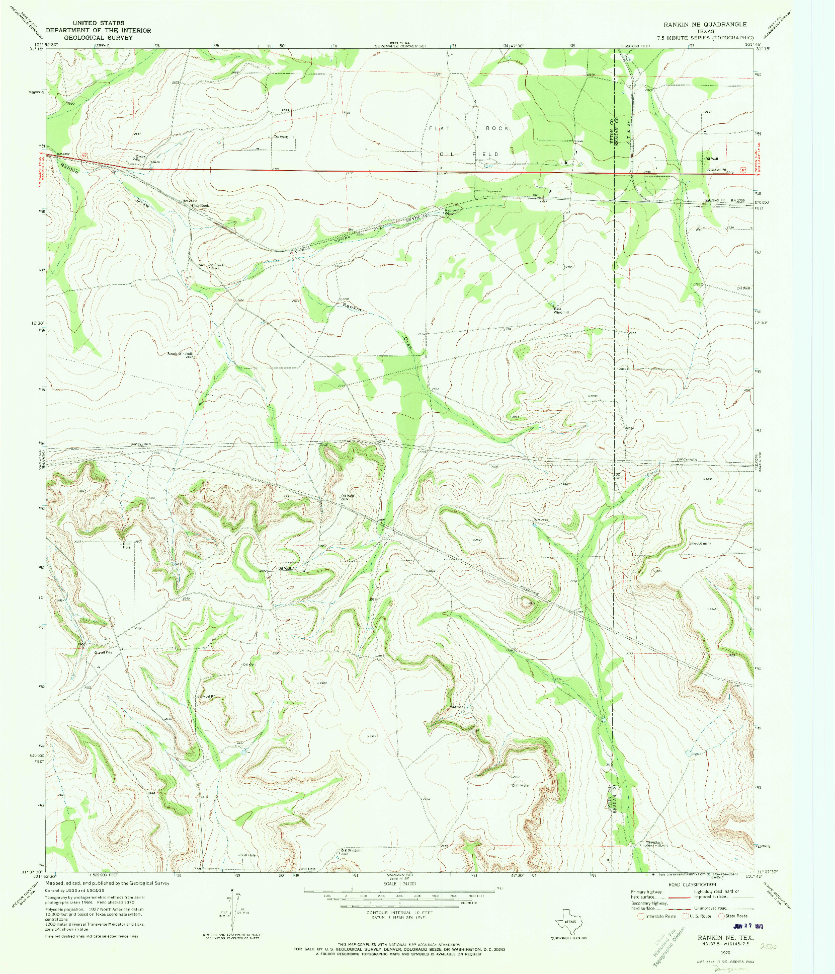 USGS 1:24000-SCALE QUADRANGLE FOR RANKIN NE, TX 1970