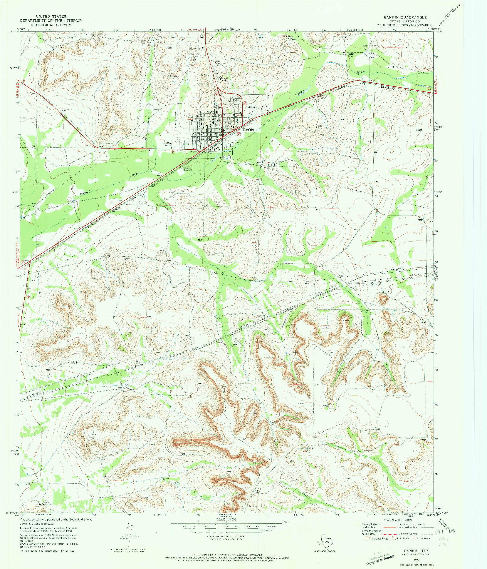 USGS 1:24000-SCALE QUADRANGLE FOR RANKIN, TX 1970