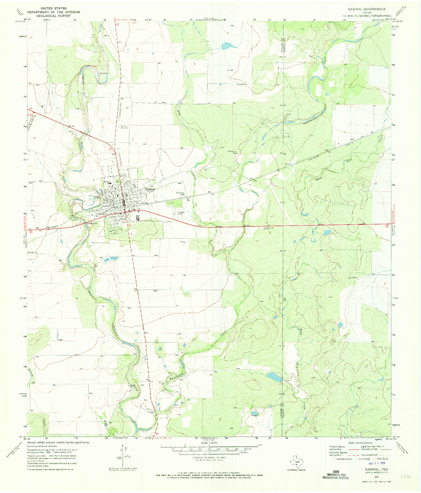 USGS 1:24000-SCALE QUADRANGLE FOR SABINAL, TX 1970