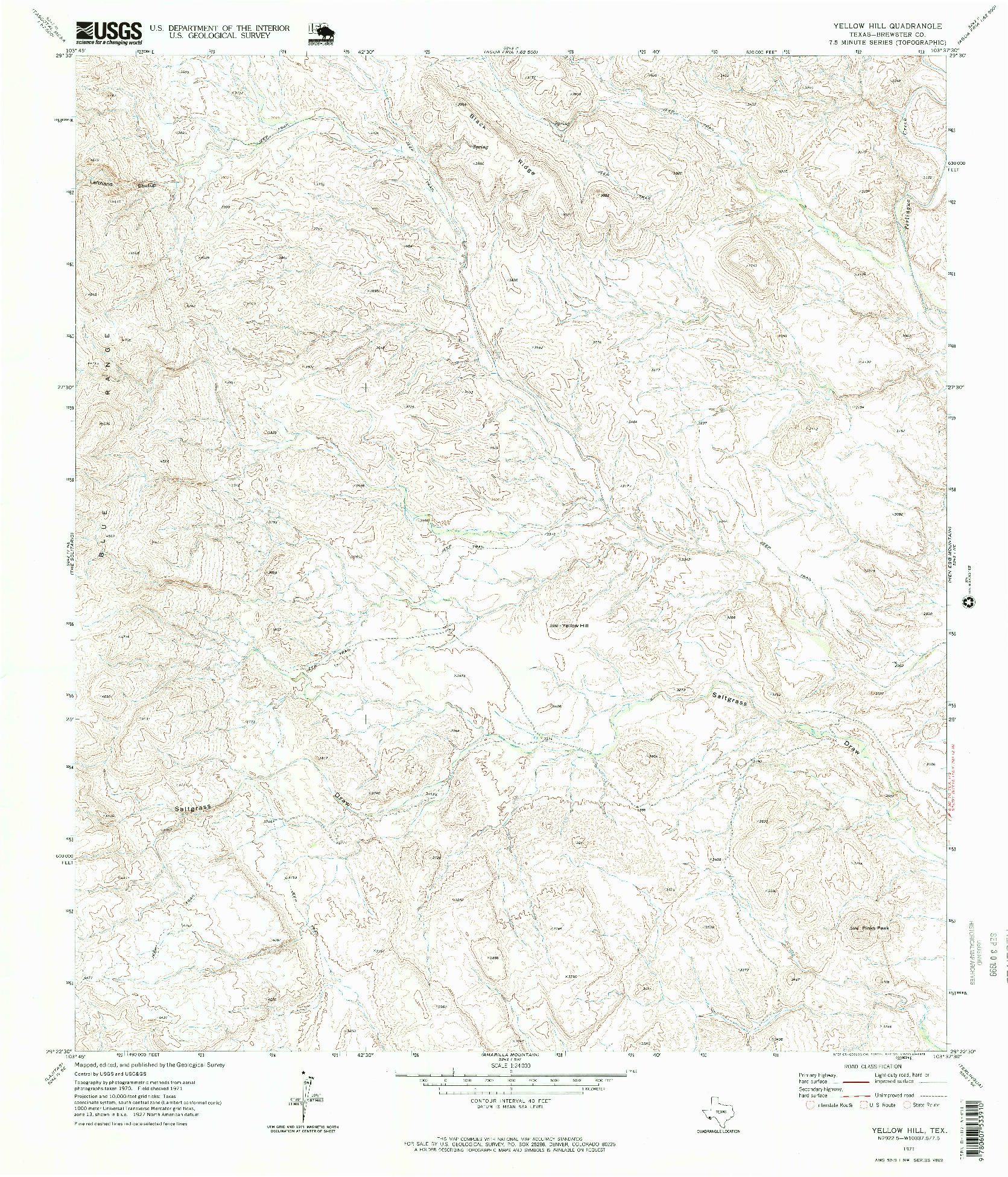 USGS 1:24000-SCALE QUADRANGLE FOR YELLOW HILL, TX 1971