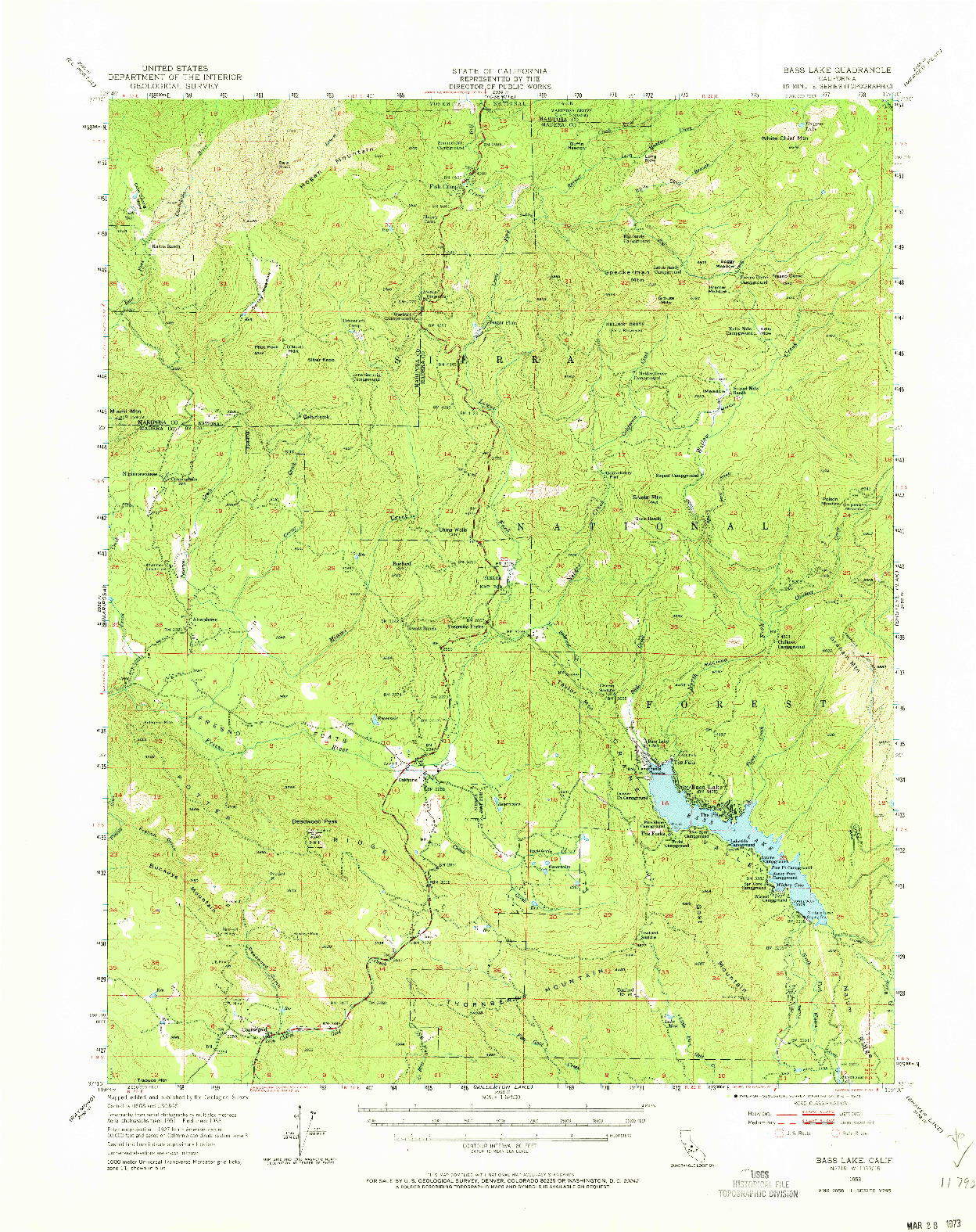 USGS 1:62500-SCALE QUADRANGLE FOR BASS LAKE, CA 1953