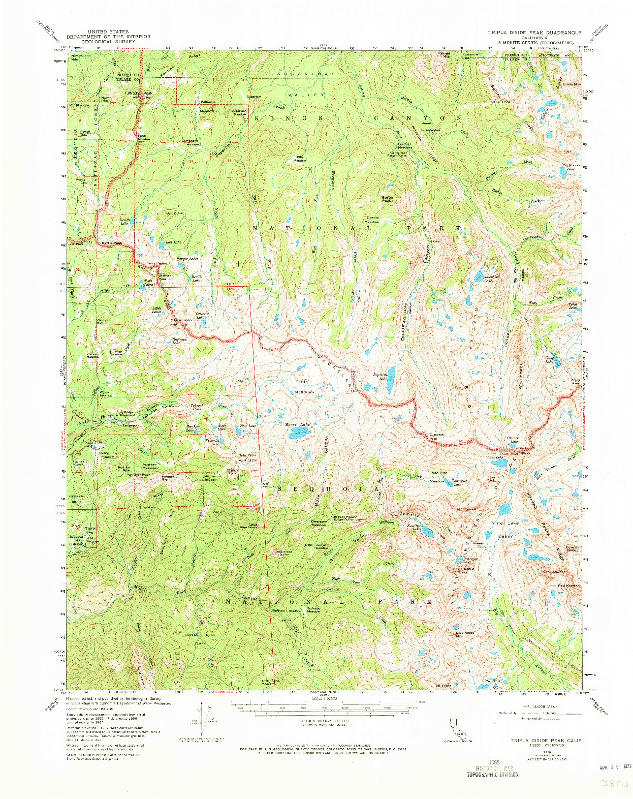 USGS 1:62500-SCALE QUADRANGLE FOR TRIPLE DIVIDE PEAK, CA 1956