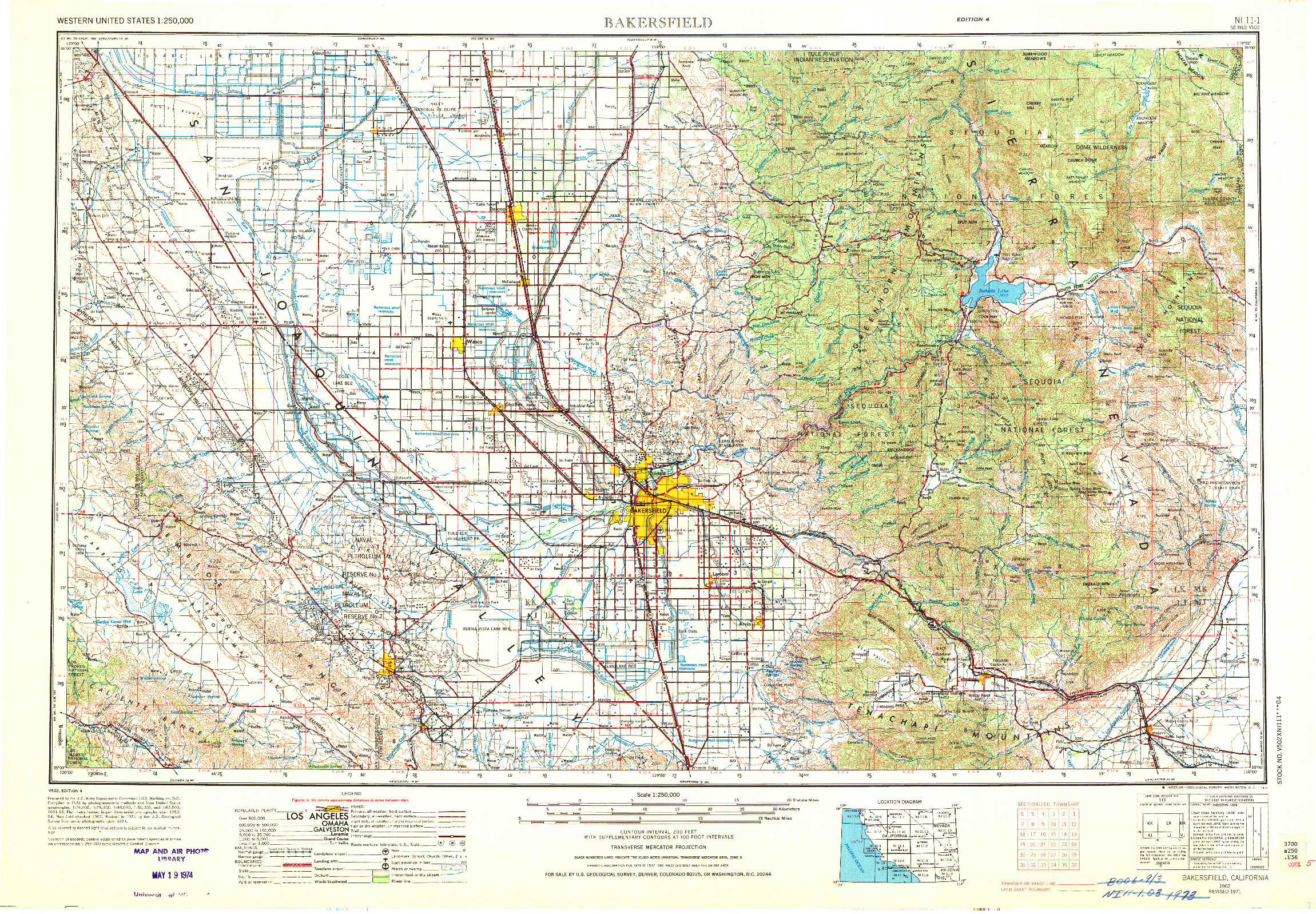 USGS 1:250000-SCALE QUADRANGLE FOR BAKERSFIELD, CA 1962