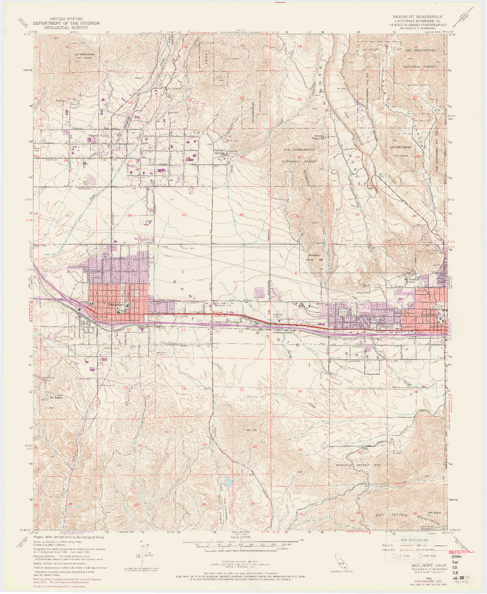 USGS 1:24000-SCALE QUADRANGLE FOR BEAUMONT, CA 1953