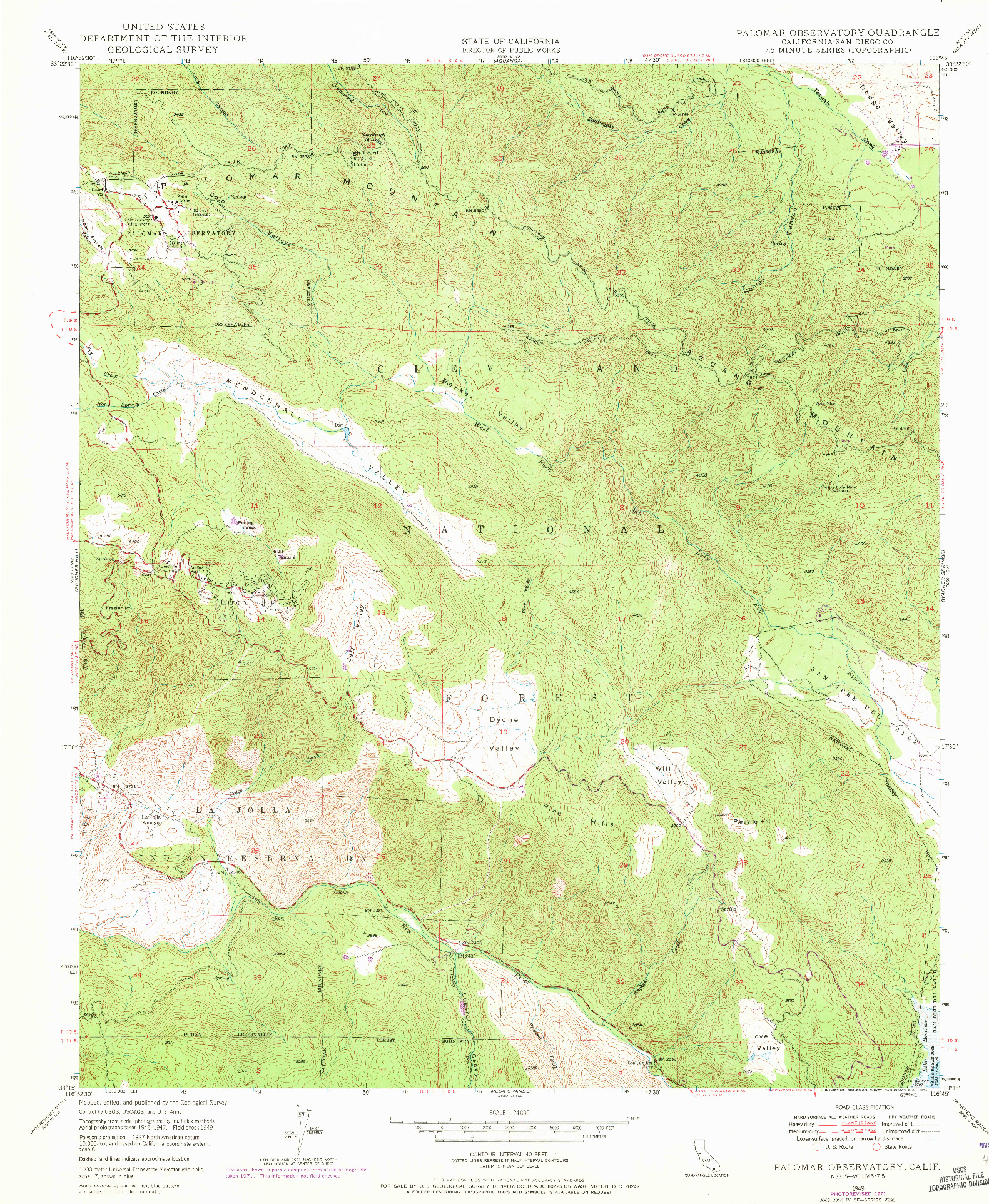 USGS 1:24000-SCALE QUADRANGLE FOR PALOMAR OBSERVATORY, CA 1949