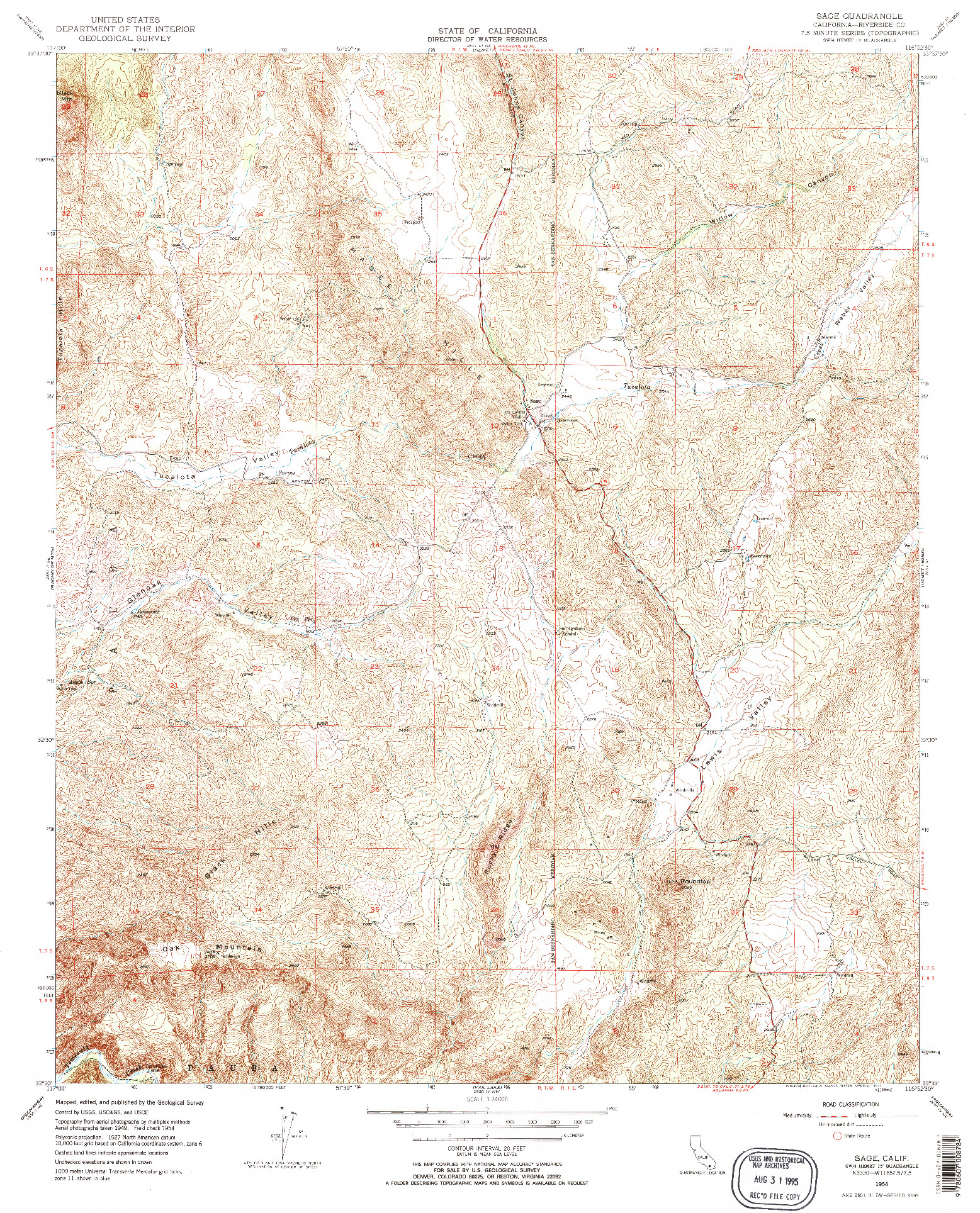 USGS 1:24000-SCALE QUADRANGLE FOR SAGE, CA 1954