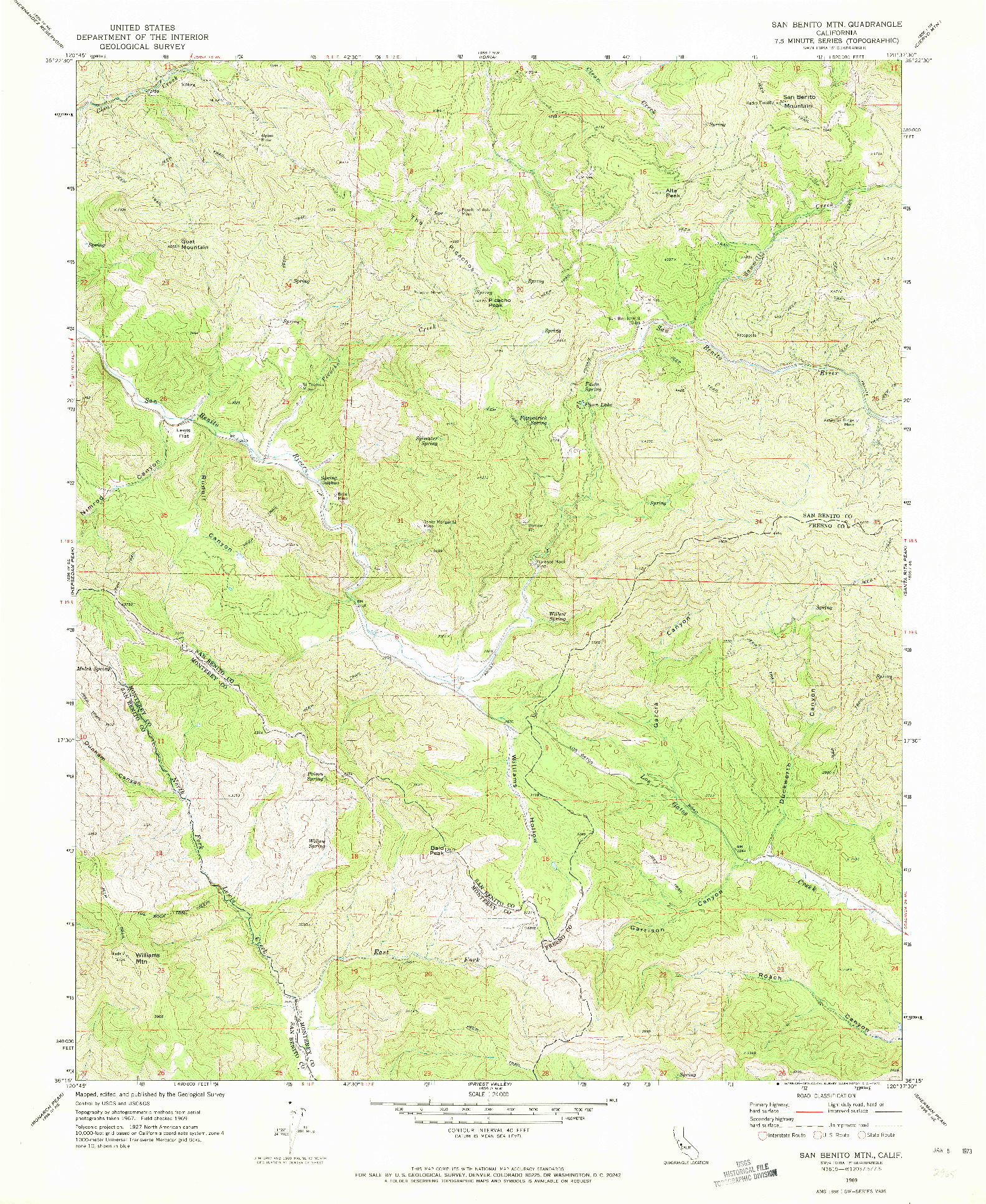 USGS 1:24000-SCALE QUADRANGLE FOR SAN BENITO MTN, CA 1969