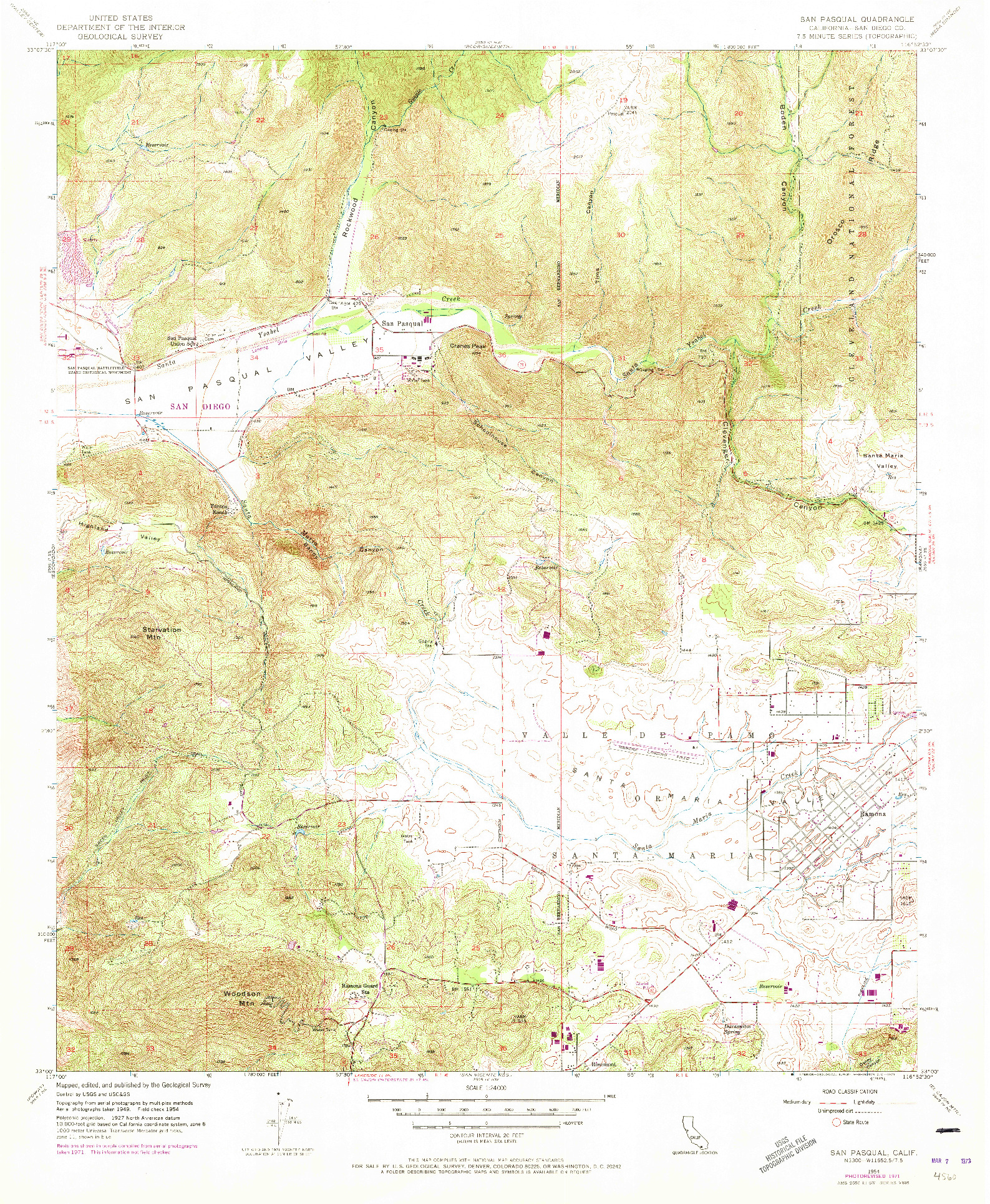 USGS 1:24000-SCALE QUADRANGLE FOR SAN PASQUAL, CA 1954