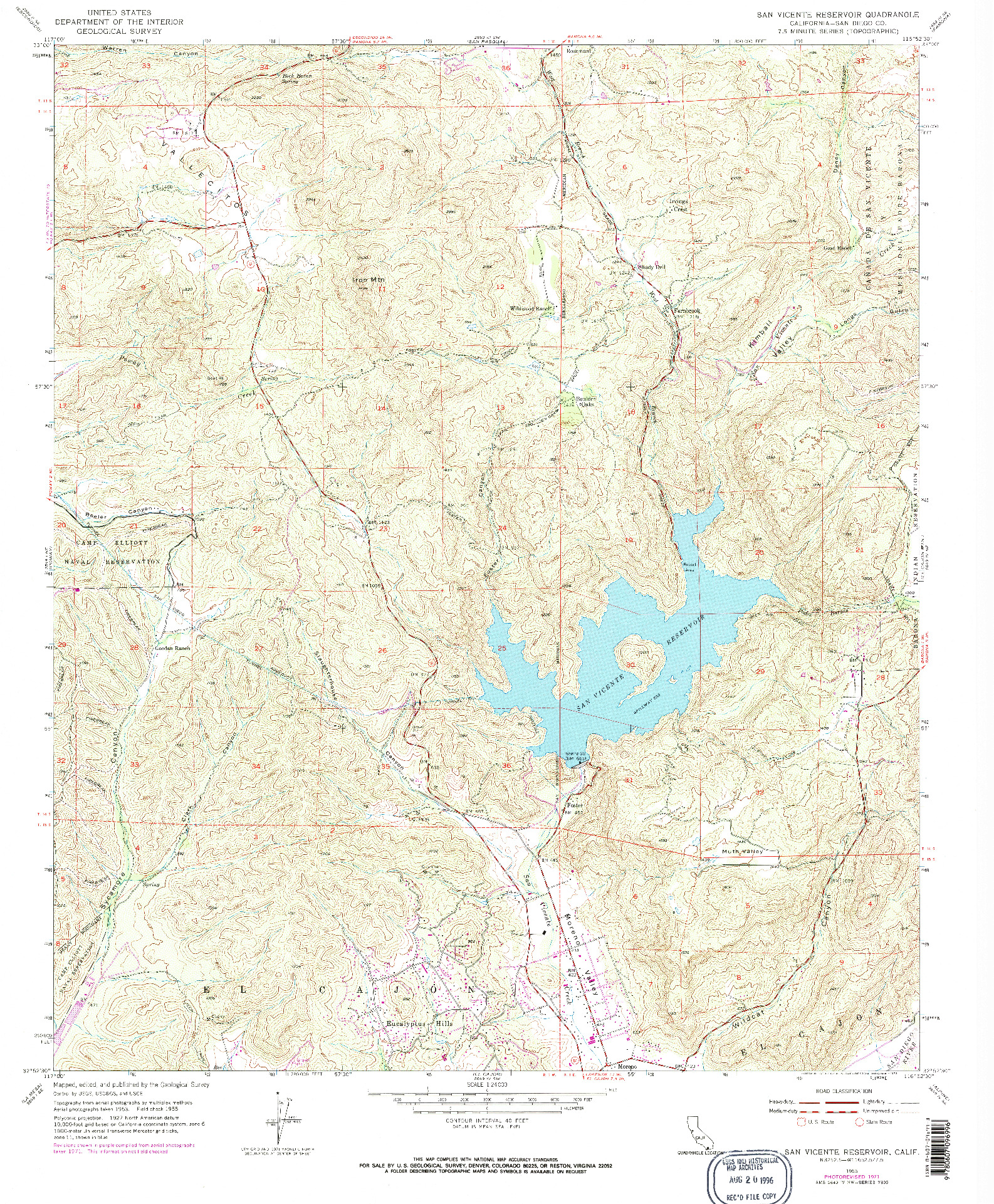 USGS 1:24000-SCALE QUADRANGLE FOR SAN VICENTE RESERVOIR, CA 1955