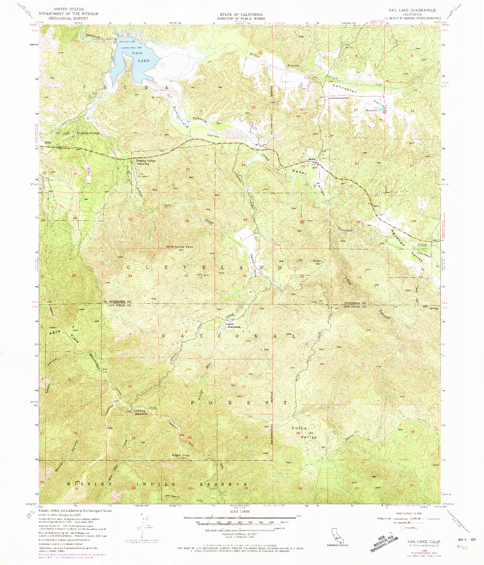 USGS 1:24000-SCALE QUADRANGLE FOR VAIL LAKE, CA 1953