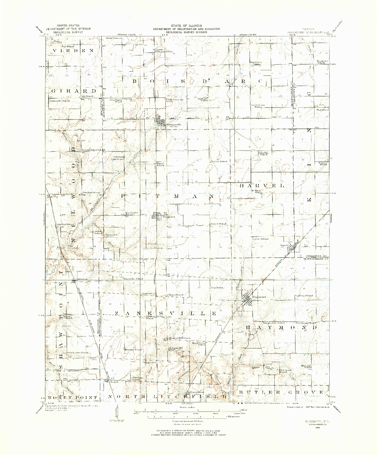 USGS 1:62500-SCALE QUADRANGLE FOR RAYMOND, IL 1923