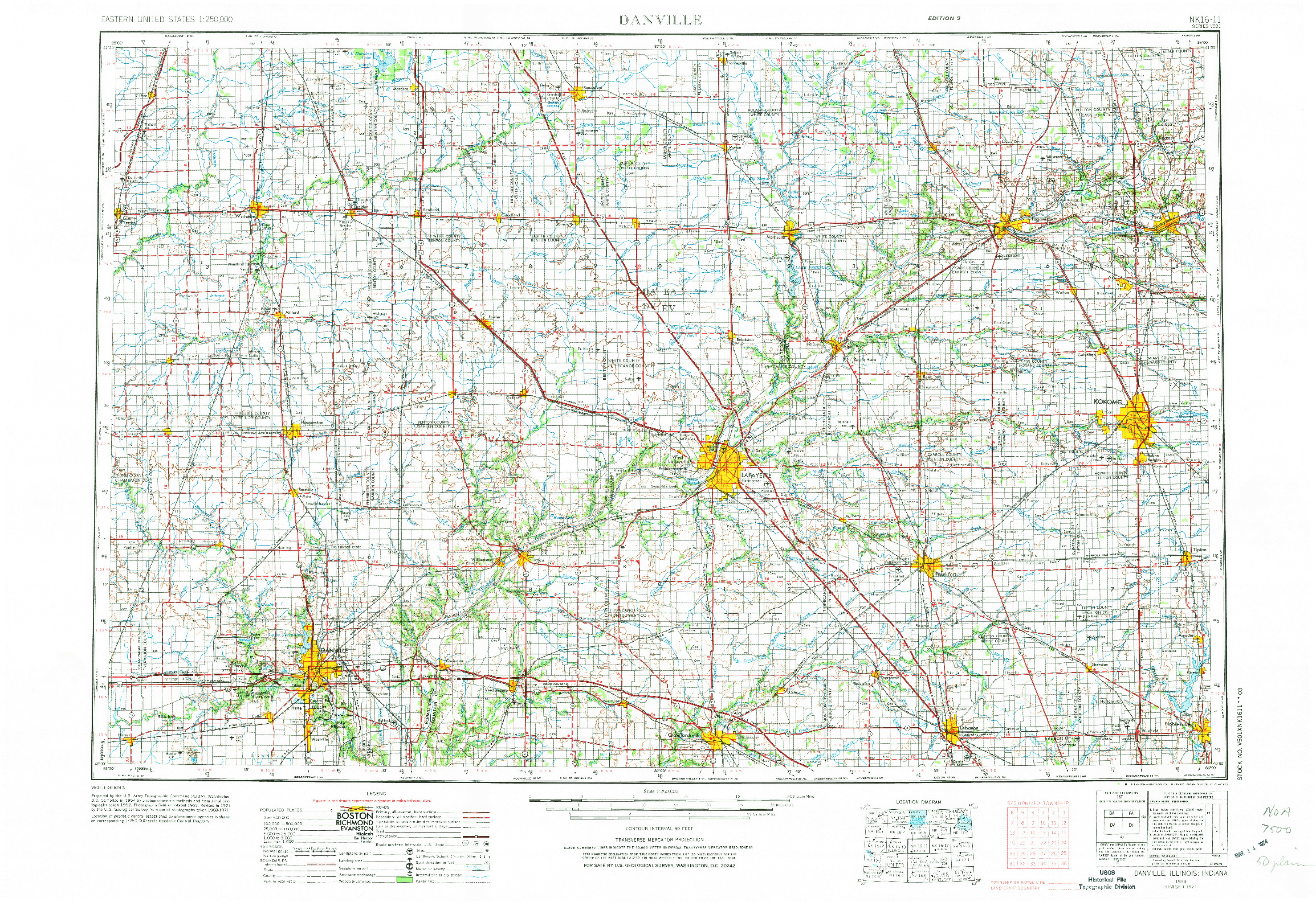 USGS 1:250000-SCALE QUADRANGLE FOR DANVILLE, IL 1953