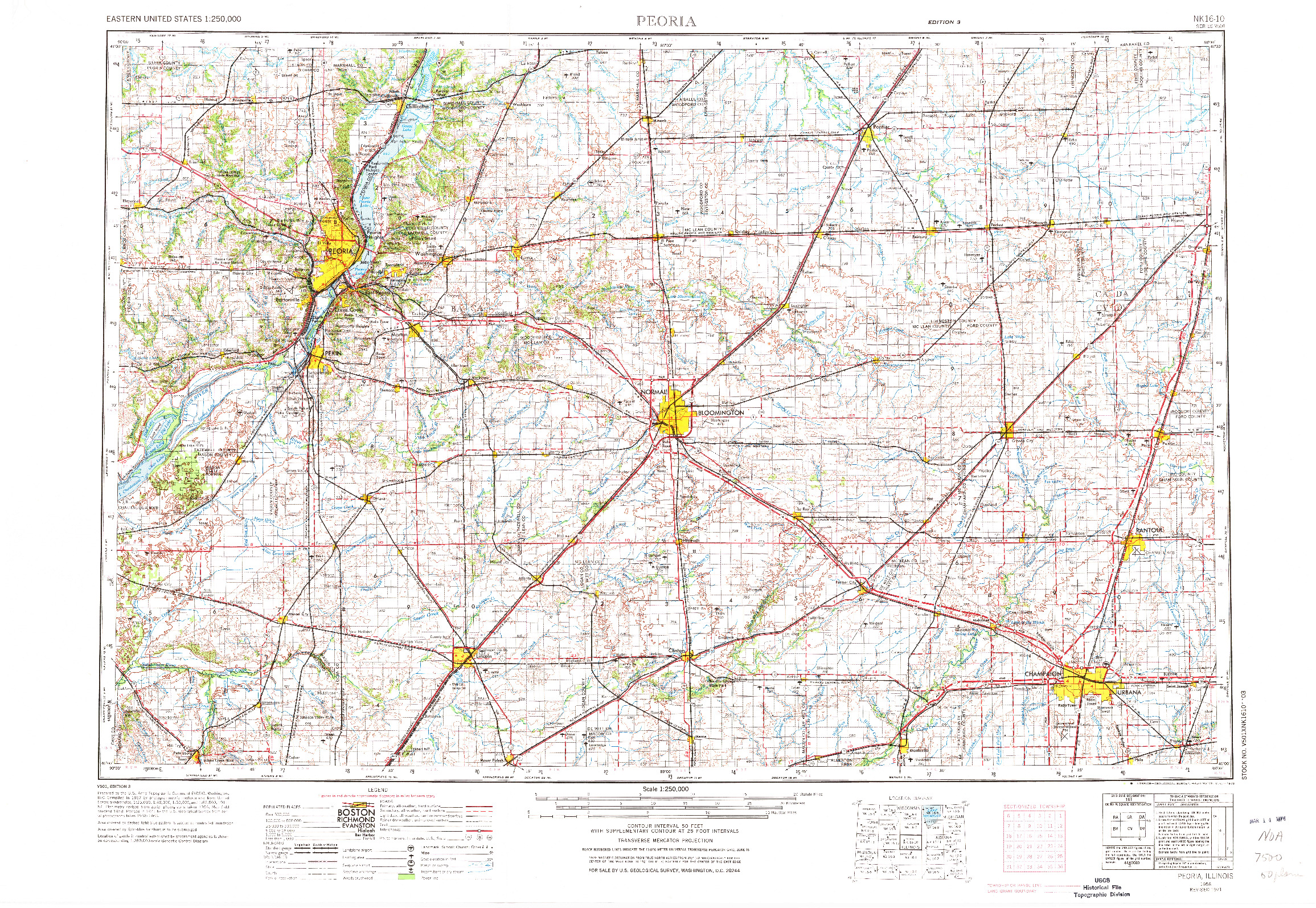 USGS 1:250000-SCALE QUADRANGLE FOR PEORIA, IL 1958