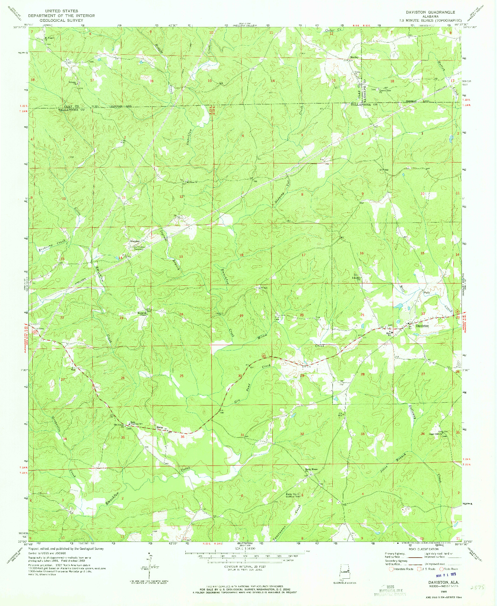 USGS 1:24000-SCALE QUADRANGLE FOR DAVISTON, AL 1969