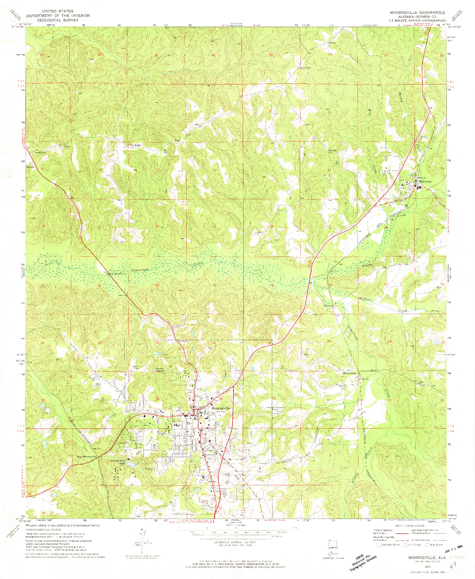 USGS 1:24000-SCALE QUADRANGLE FOR MONROEVILLE, AL 1972