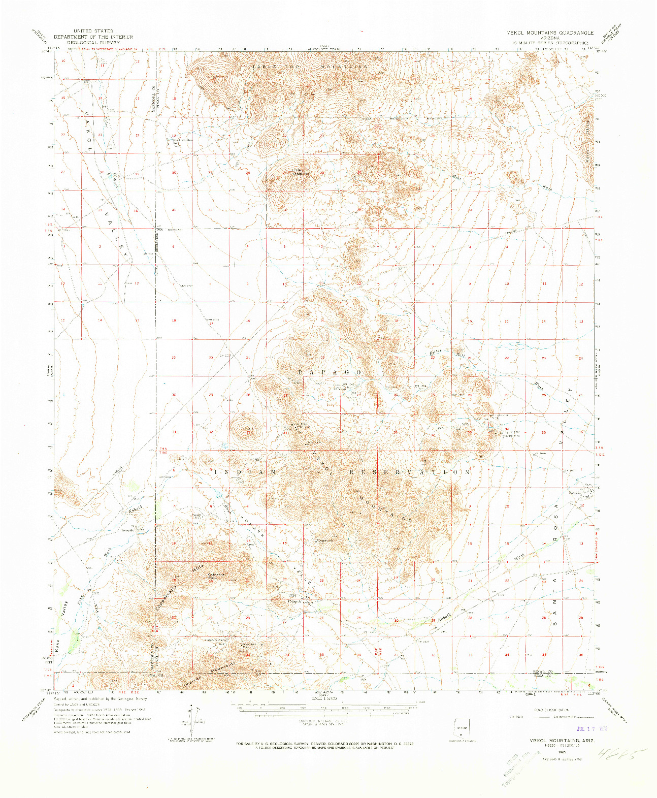 USGS 1:62500-SCALE QUADRANGLE FOR VEKOL MOUNTAINS, AZ 1963