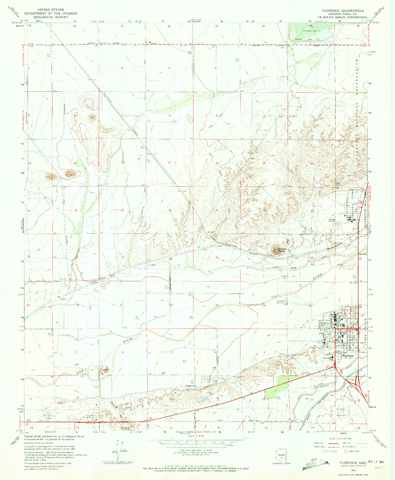 USGS 1:24000-SCALE QUADRANGLE FOR FLORENCE, AZ 1965