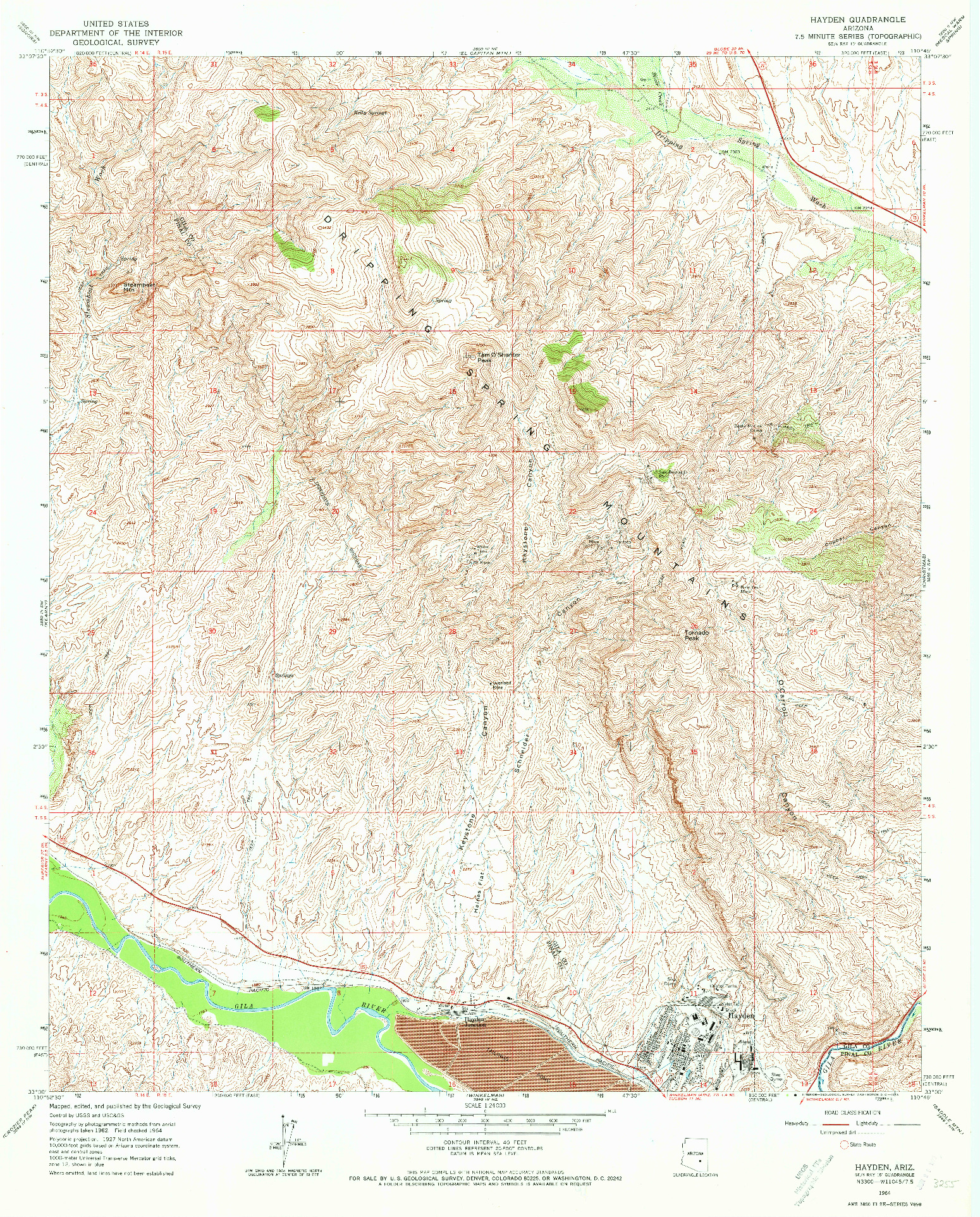 USGS 1:24000-SCALE QUADRANGLE FOR HAYDEN, AZ 1964