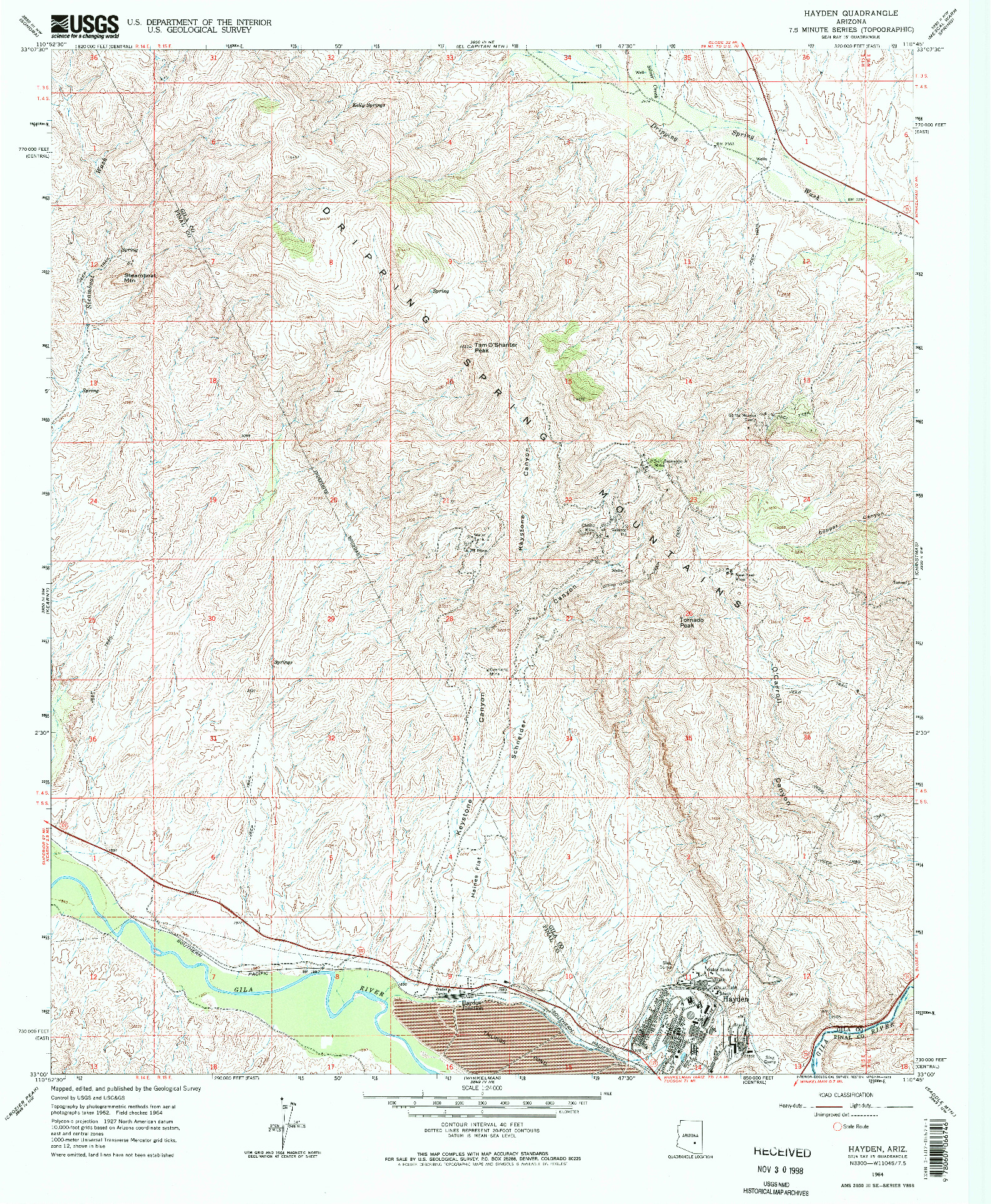 USGS 1:24000-SCALE QUADRANGLE FOR HAYDEN, AZ 1964